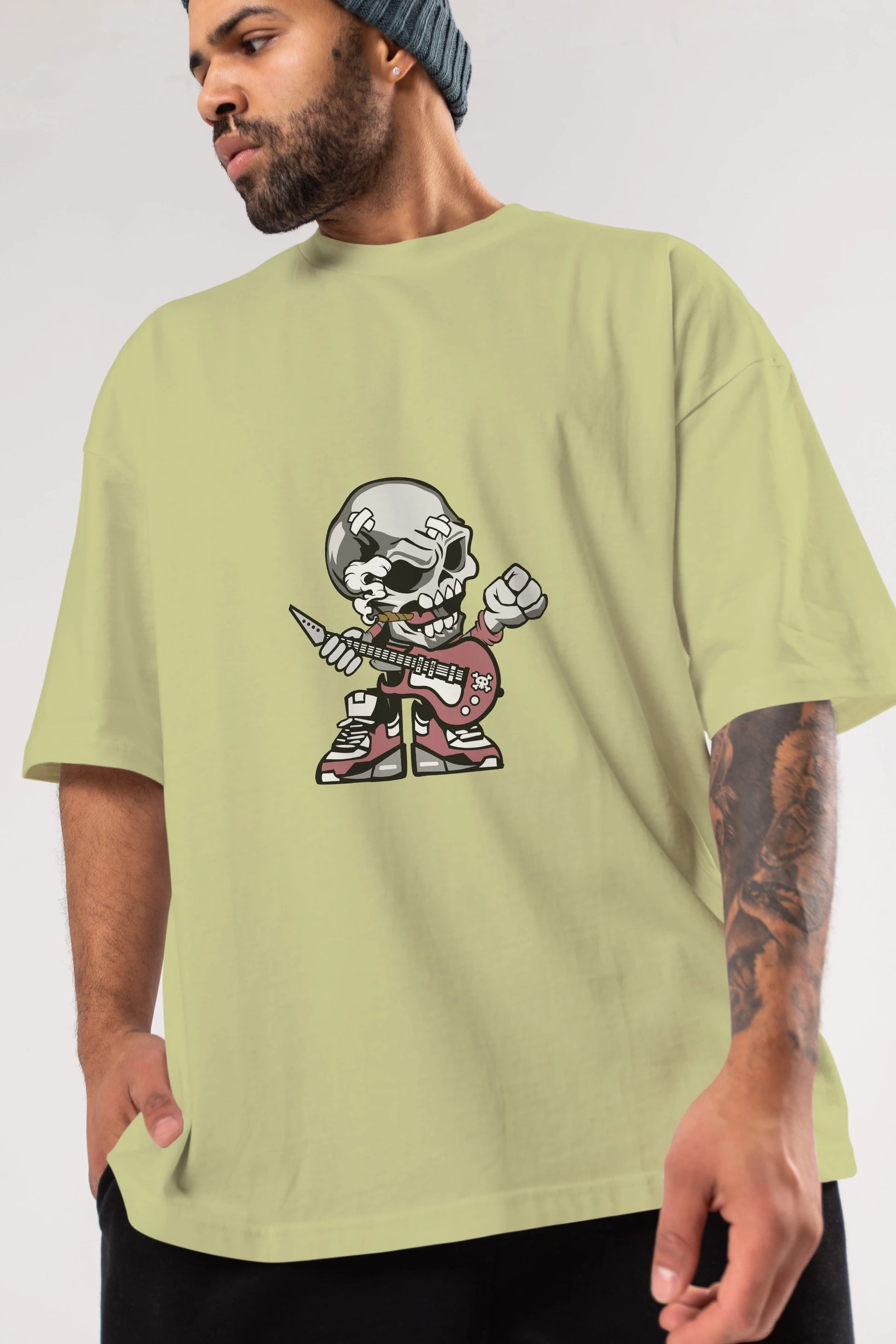 Skull Rockstar Ön Baskılı Oversize t-shirt Erkek Kadın Unisex %100 Pamuk tişort