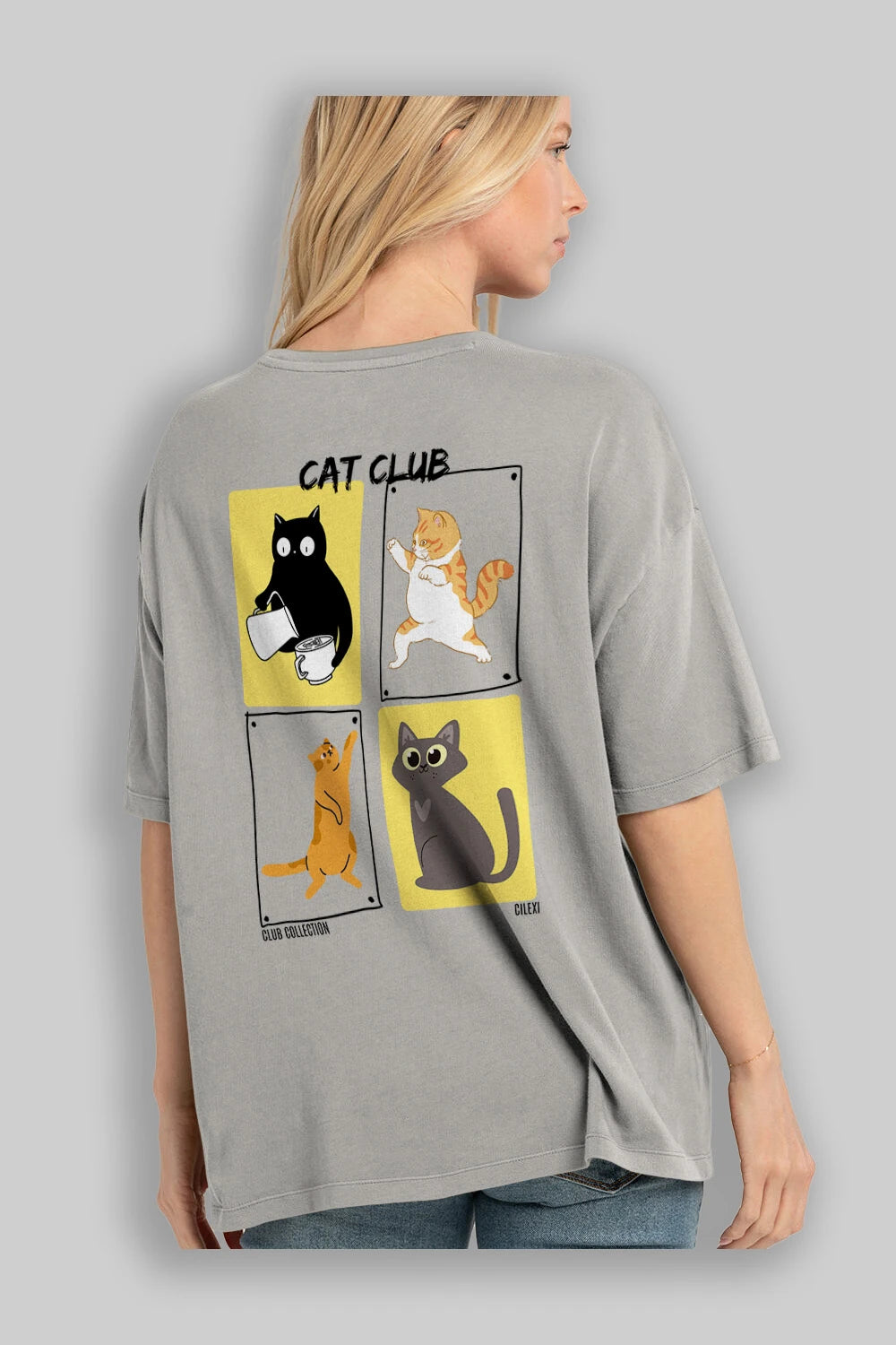 Cat Club Arka Baskılı Oversize t-shirt Erkek Kadın %100 Pamuk Bisiklet Yaka tişort