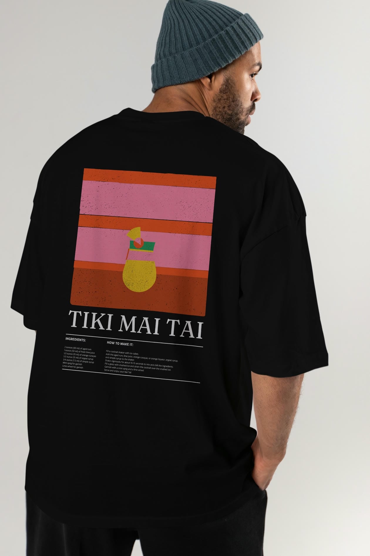 Tiki Mai Tai Kokteyl Serisi Arka Baskılı Oversize t-shirt Erkek Kadın %100 Pamuk Bisiklet Yaka tişort