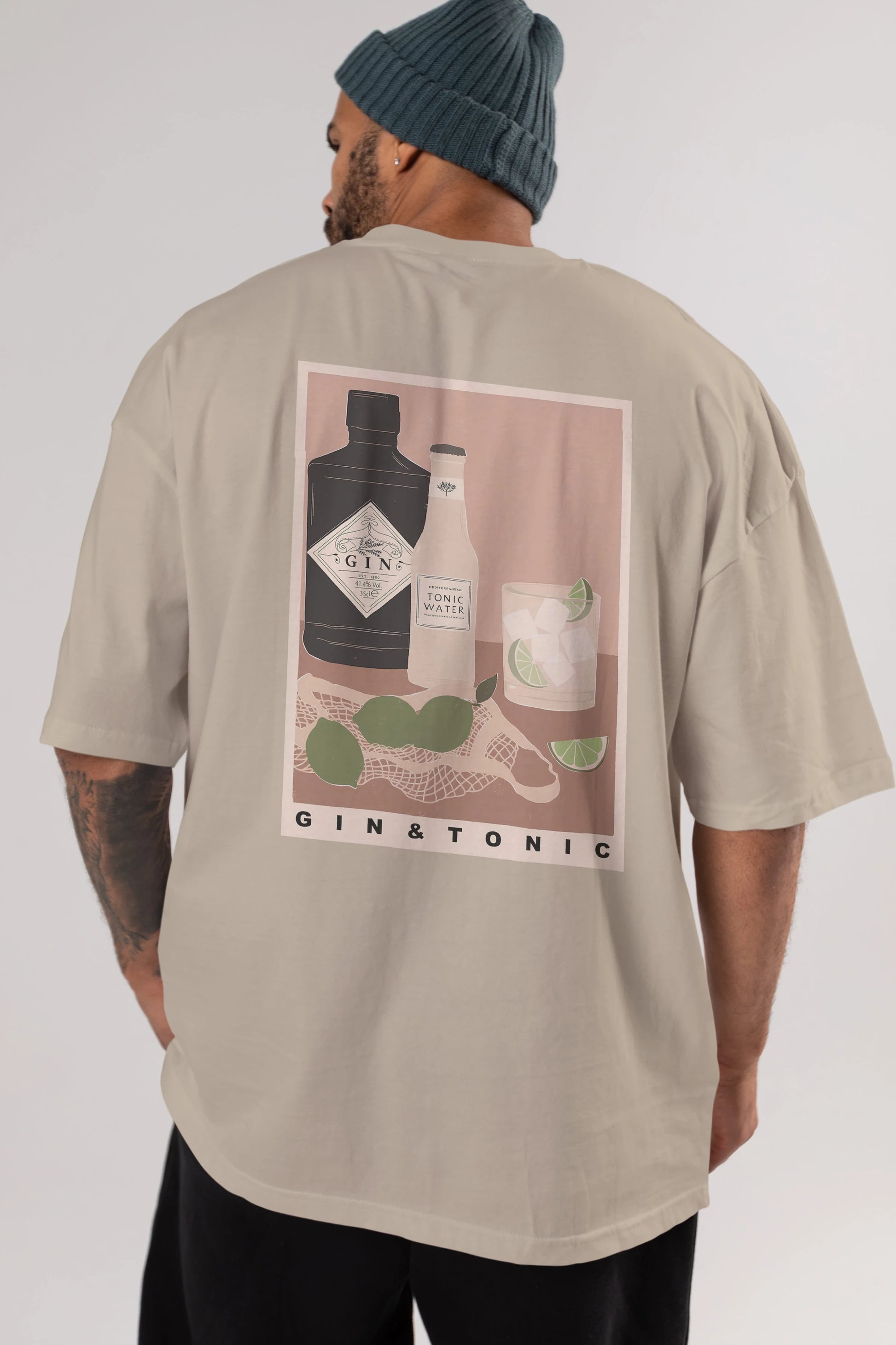 Gin Tonic Arka Baskılı Oversize t-shirt Erkek Kadın Unisex %100 Pamuk Bisiklet Yaka tişort