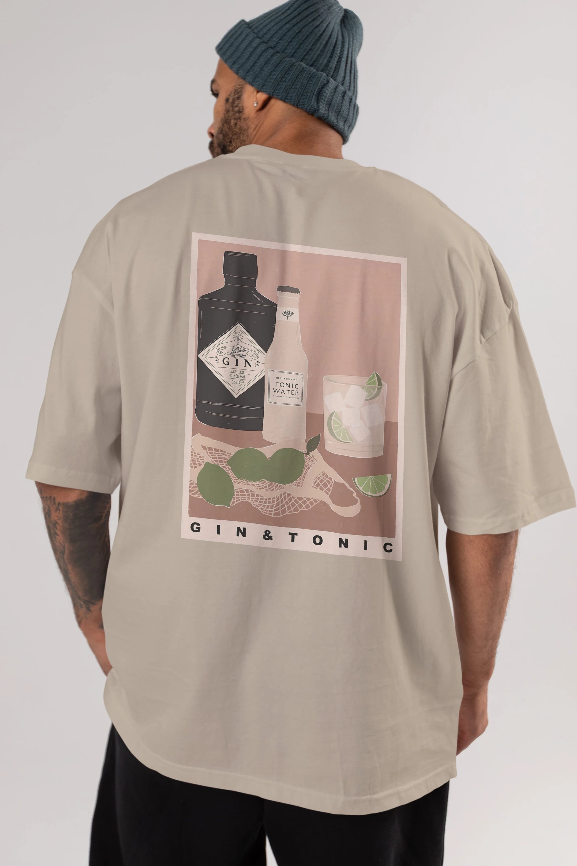 Gin Tonic Arka Baskılı Oversize t-shirt Erkek Kadın Unisex %100 Pamuk Bisiklet Yaka tişort