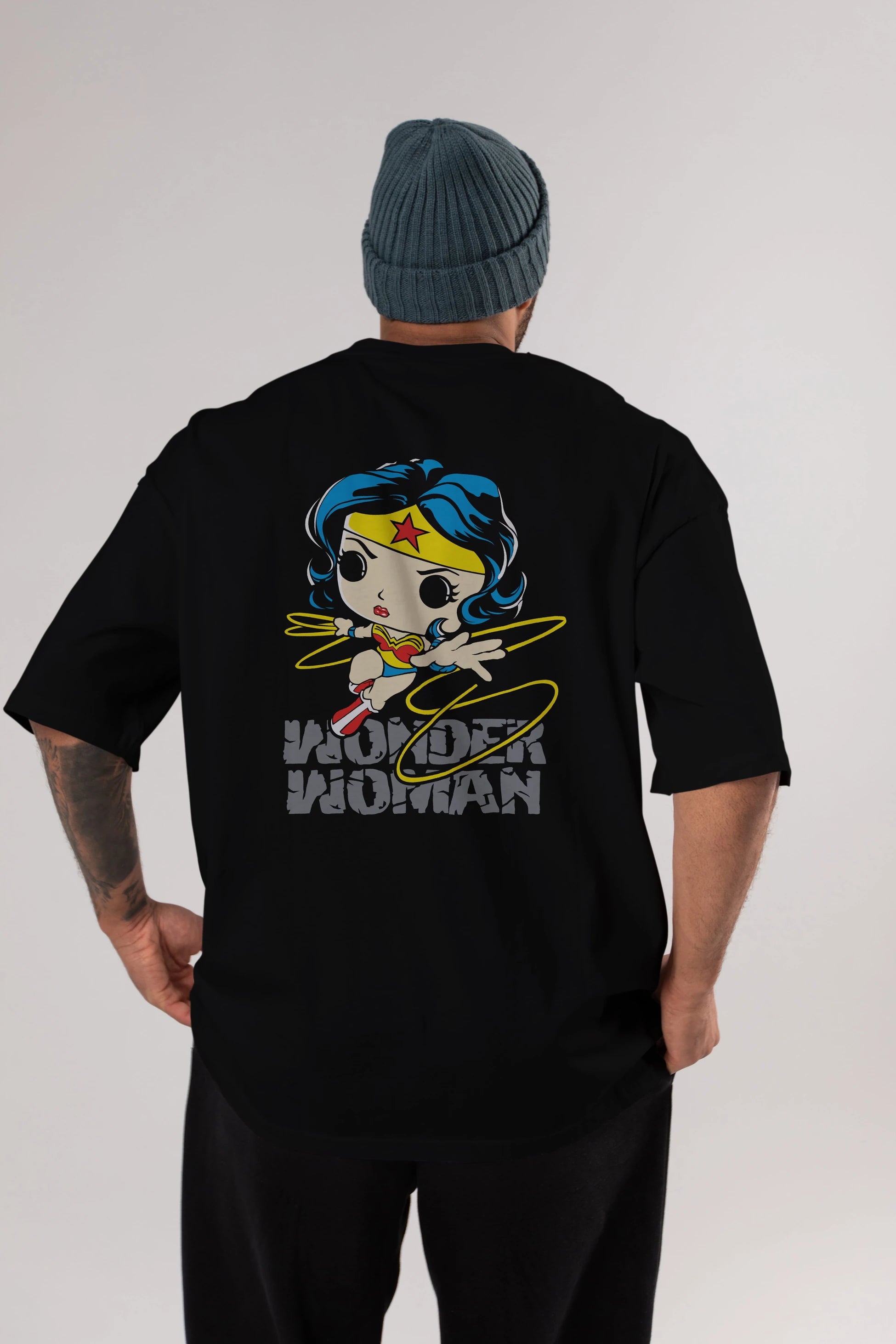 Wonder Woman Arka Baskılı Oversize t-shirt Erkek Kadın Unisex %100 Pamuk Bisiklet Yaka tişort