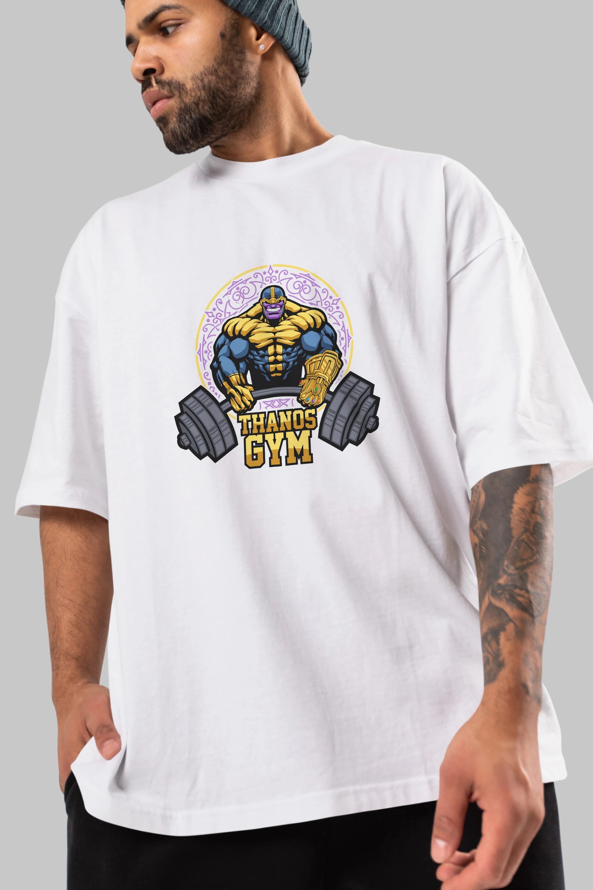 Thanos GYM Ön Baskılı Oversize t-shirt Erkek Kadın Unisex %100 Pamuk Bisiklet Yaka tişort