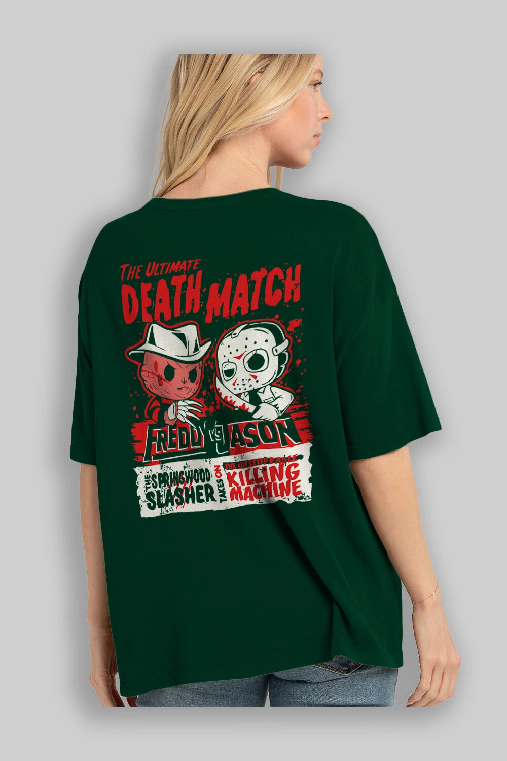 Freddy vs Jason Arka Baskılı Oversize t-shirt Erkek Kadın Unisex %100 Pamuk Bisiklet Yaka tişort