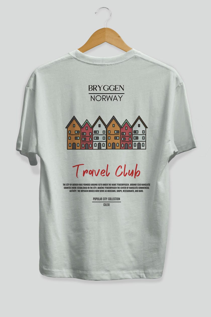 Bryggen Norway Arka Baskılı Oversize t-shirt Erkek Kadın Pamuk Bisiklet Yaka tişort
