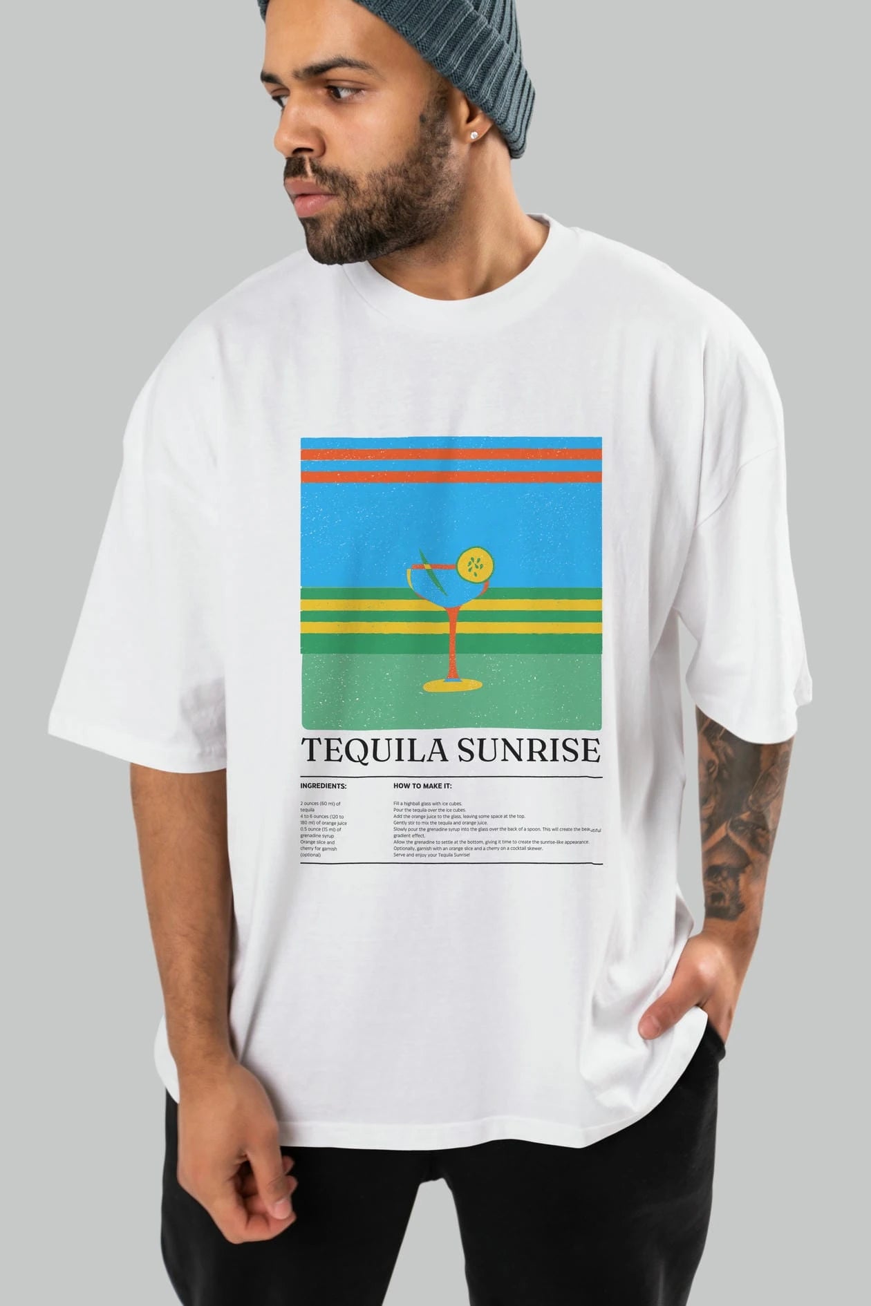 Tequila Sunrise Kokteyl Ön Baskılı Oversize t-shirt Erkek Kadın %100 Pamuk Bisiklet Yaka tişort