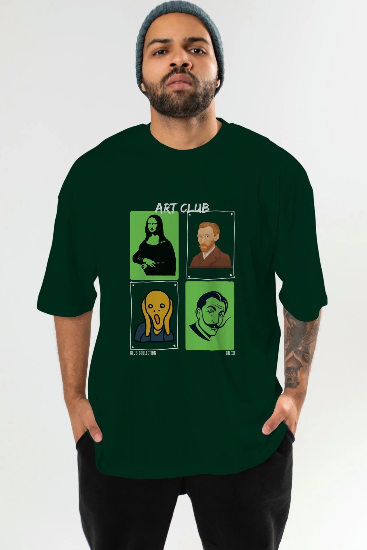 Art Club ön Baskılı Oversize t-shirt Erkek Kadın %100 Pamuk Bisiklet Yaka tişort