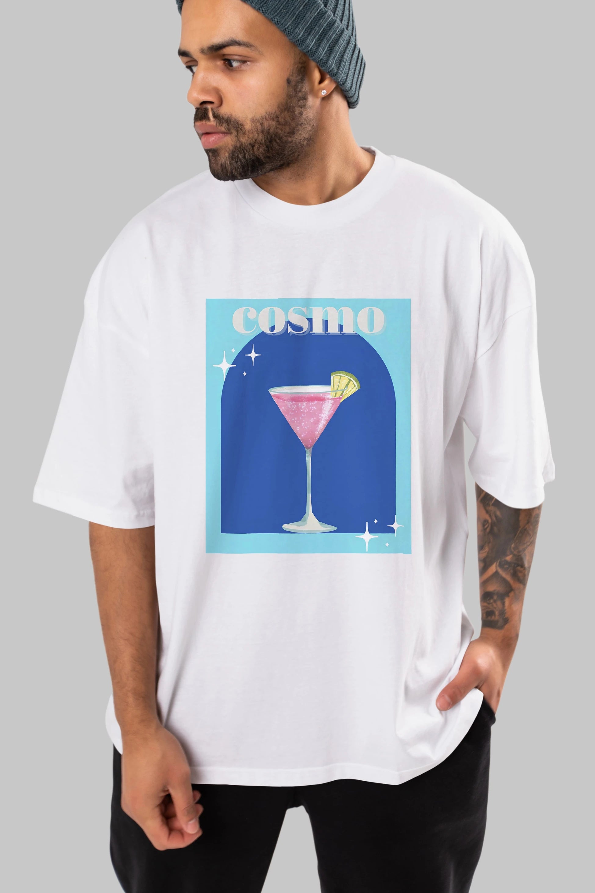 Cosmopolitan 2 Ön Baskılı Oversize t-shirt Erkek Kadın Unisex %100 Pamuk Bisiklet Yaka tişort