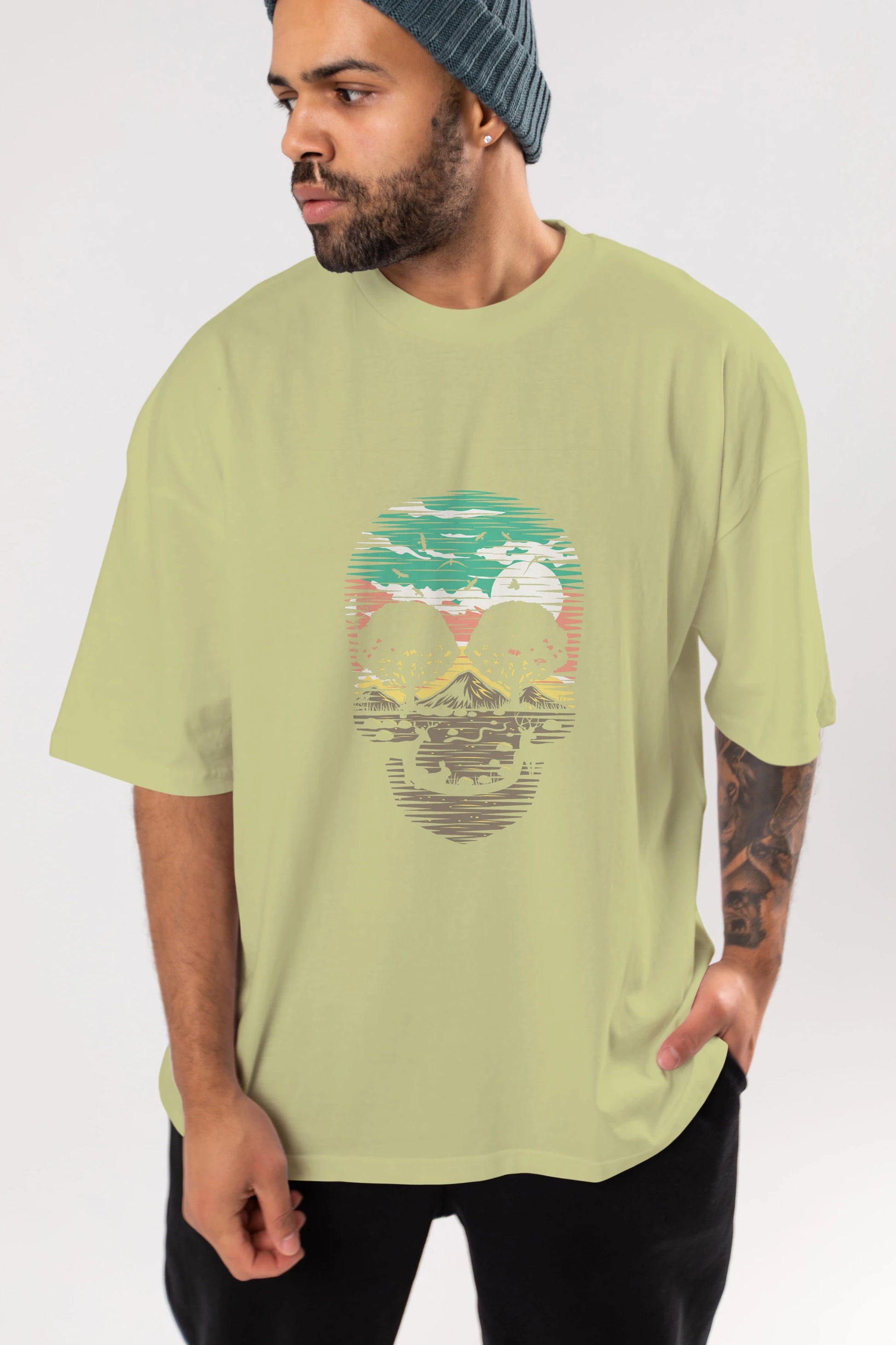 Skull Nature Ön Baskılı Oversize t-shirt %100 pamuk Erkek Kadın Unisex