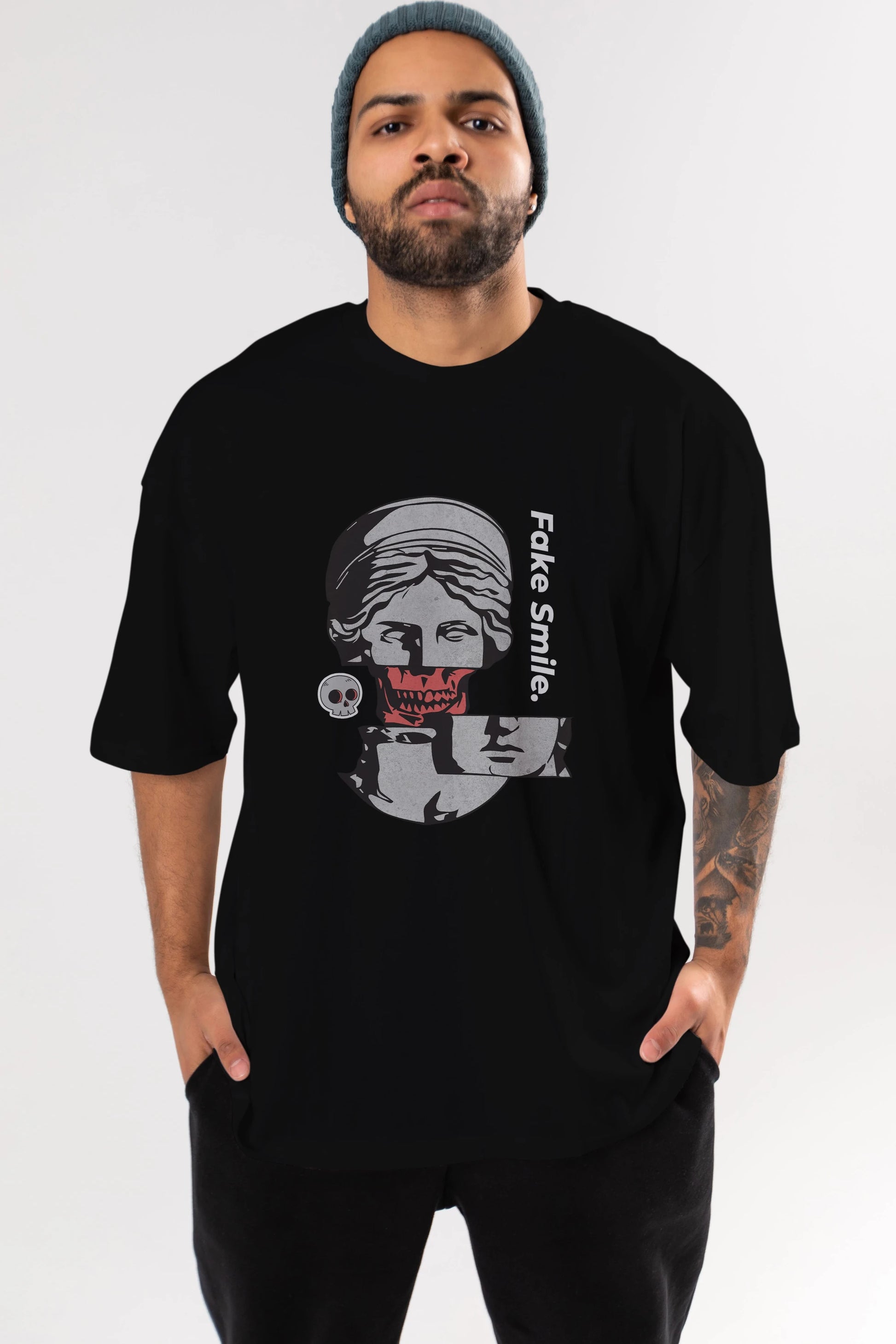 Fake Smile Yazılı Ön Baskılı Oversize t-shirt Erkek Kadın Unisex