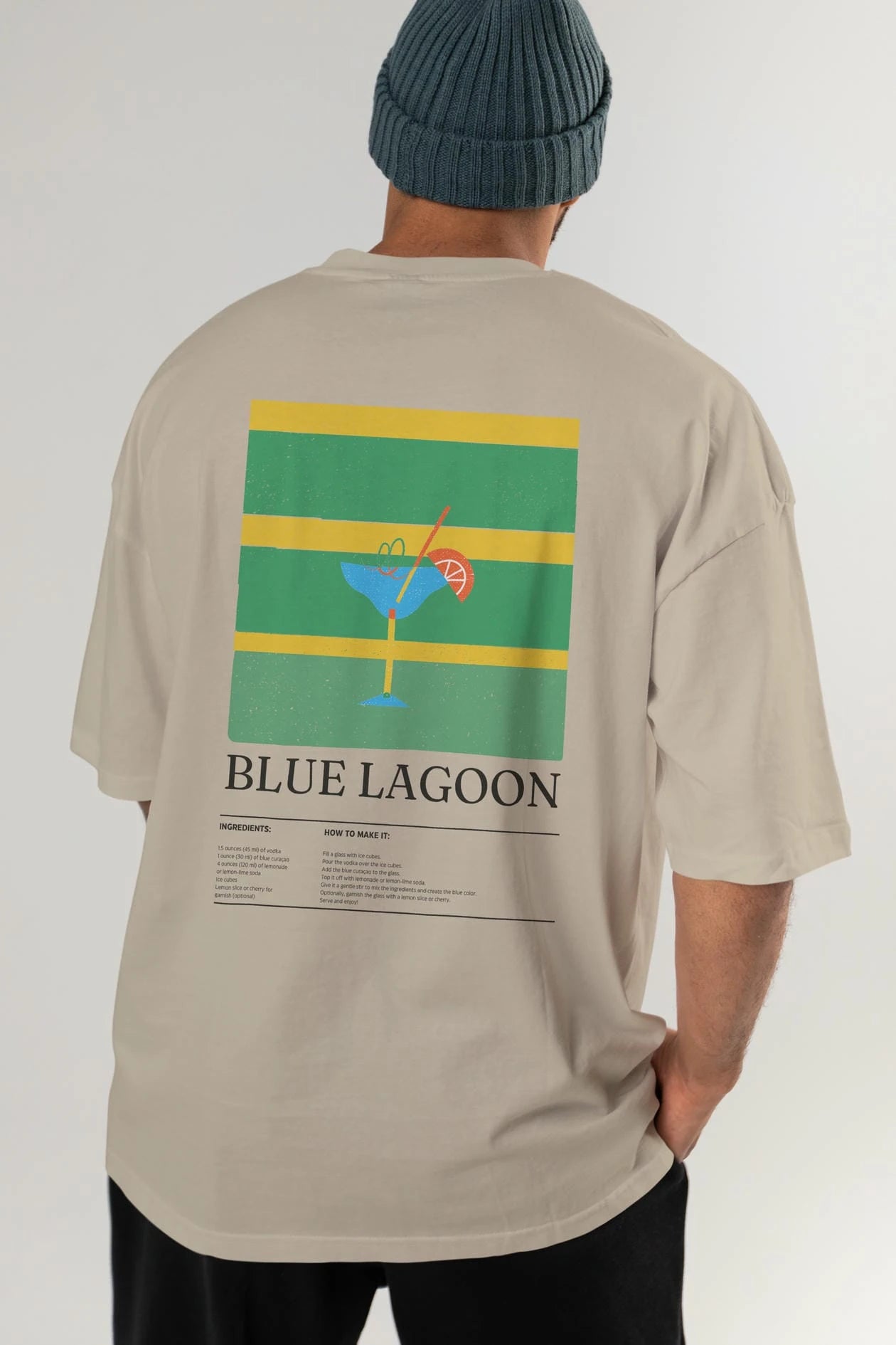 Blue Lagoon Kokteyl Serisi Arka Baskılı Oversize t-shirt Erkek Kadın %100 Pamuk Bisiklet Yaka tişort