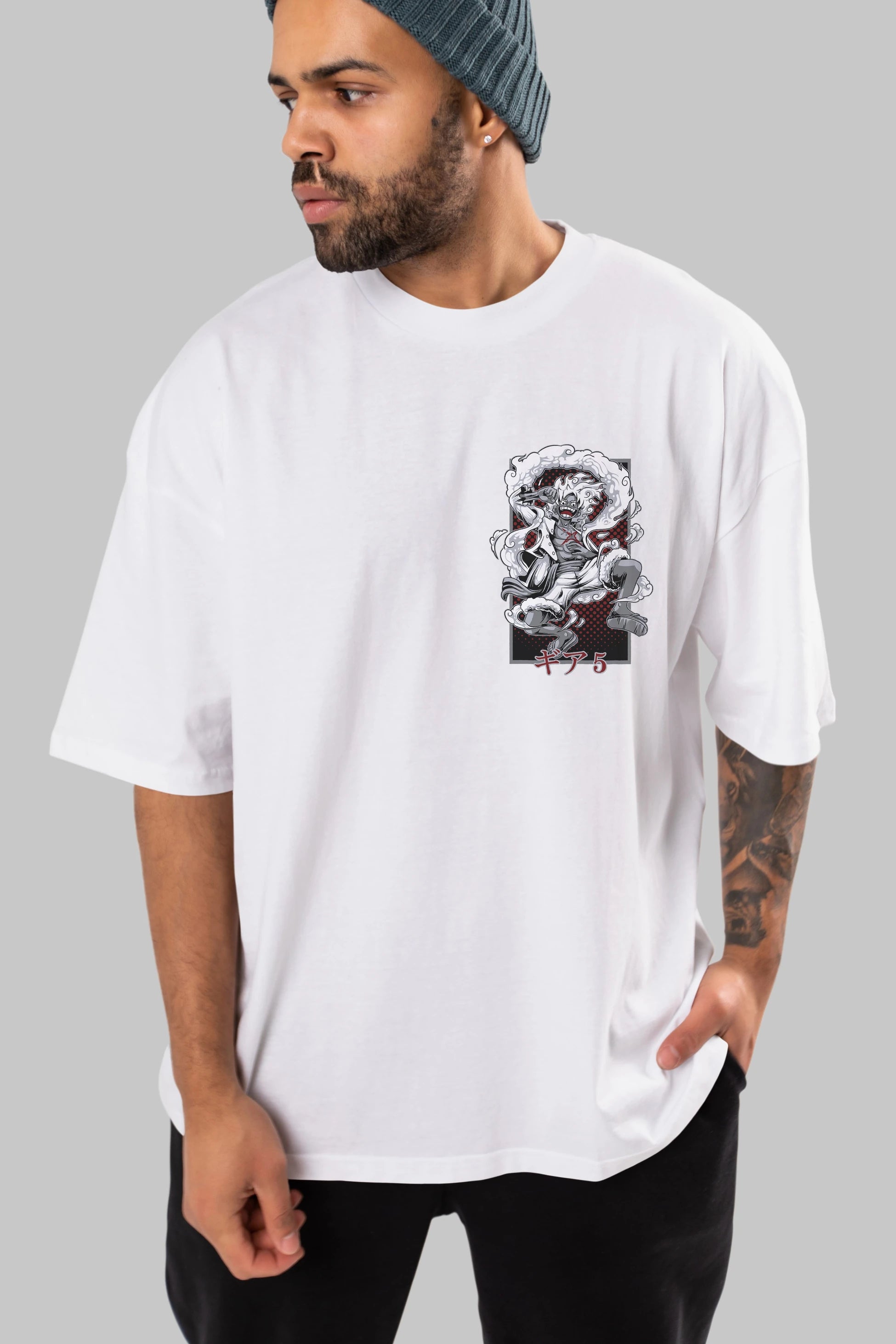 LUFFY GEAR 5 Ön Sol Baskılı Oversize t-shirt Erkek Kadın Unisex %100 Pamuk Bisiklet Yaka tişort