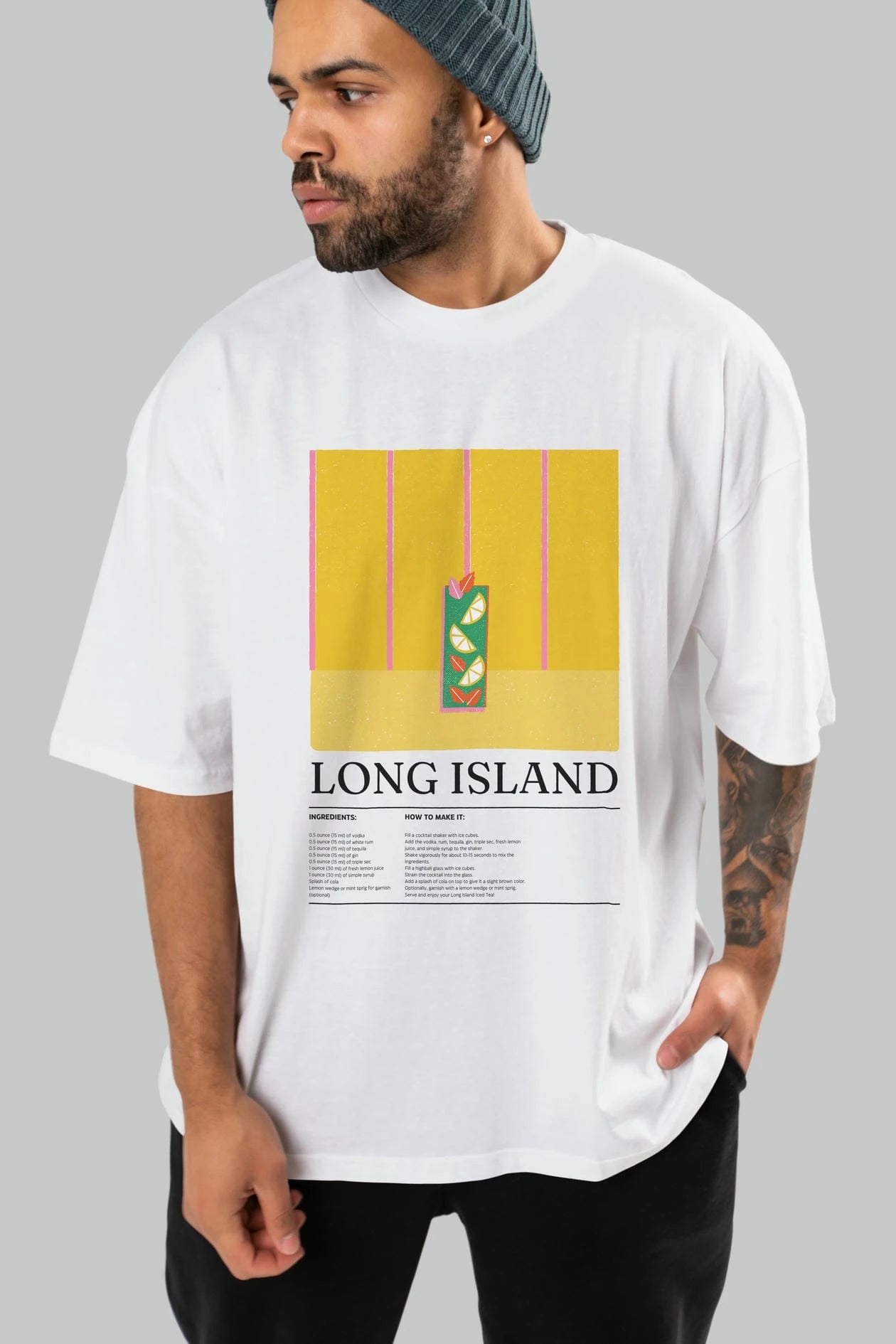 Long Island Kokteyl Ön Baskılı Oversize t-shirt Erkek Kadın %100 Pamuk Bisiklet Yaka tişort