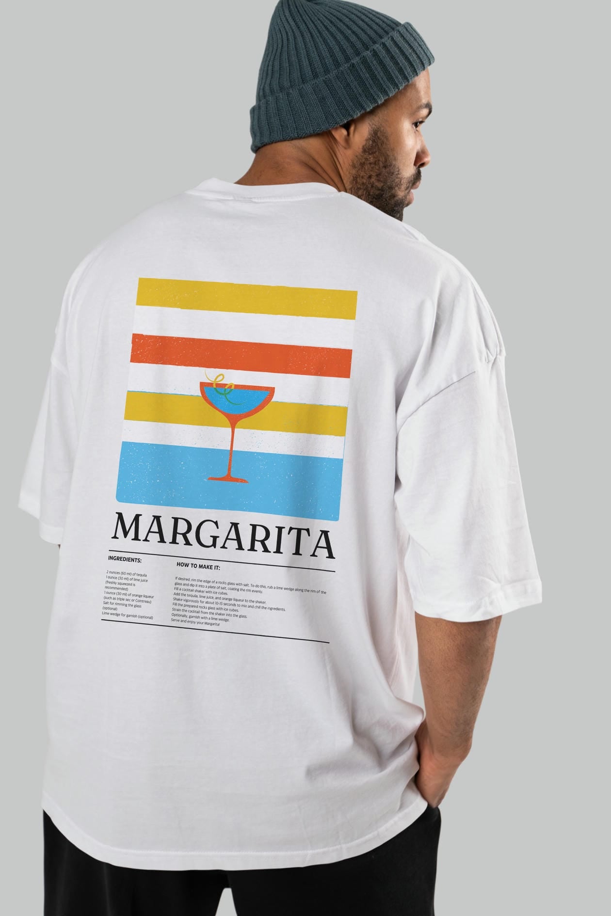Margarita Kokteyl Serisi Arka Baskılı Oversize t-shirt Erkek Kadın %100 Pamuk Bisiklet Yaka tişort