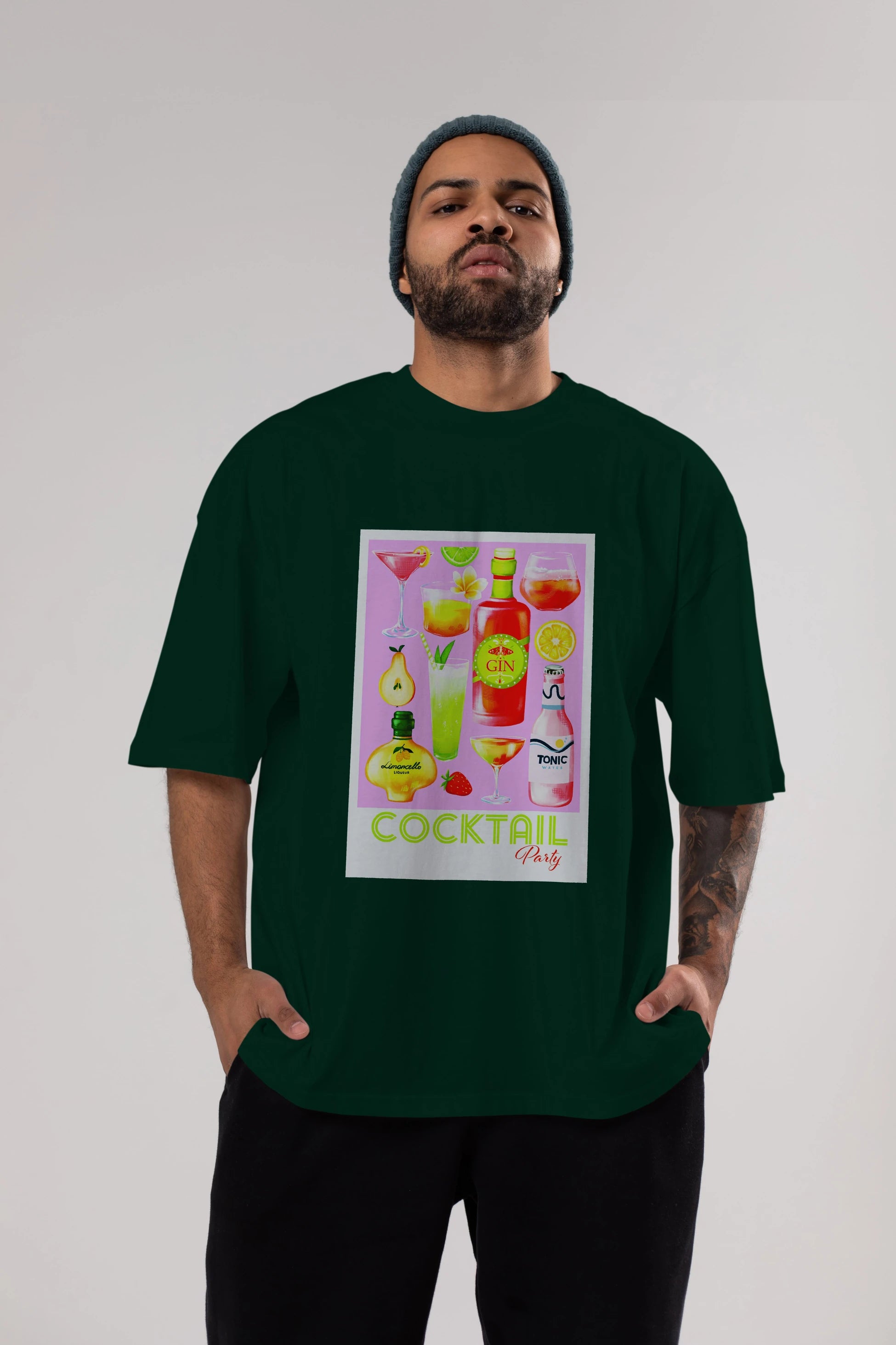 Cocktail Party Ön Baskılı Oversize t-shirt Erkek Kadın Unisex %100 Pamuk Bisiklet Yaka tişort