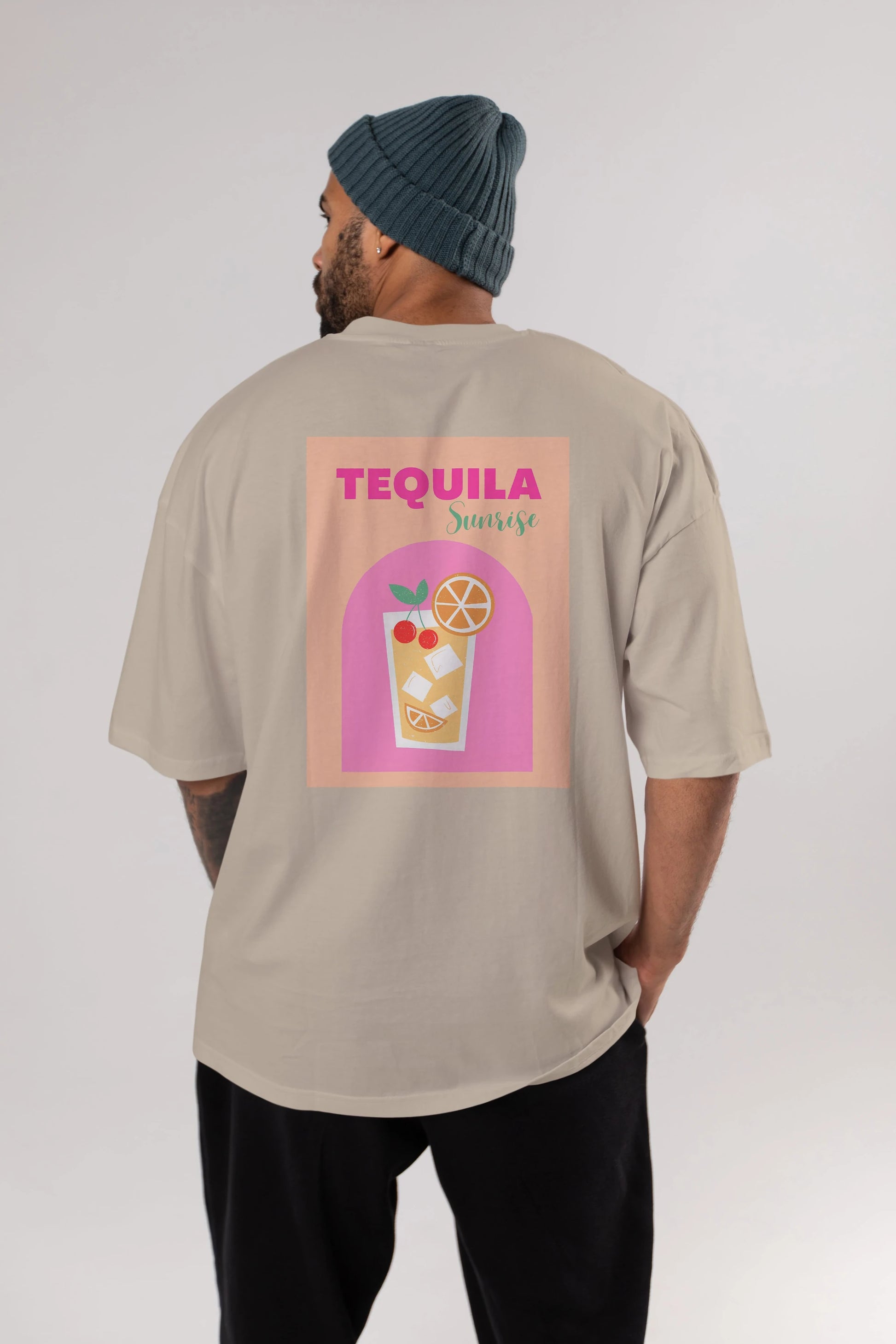 Tequila Sunrise 2 Arka Baskılı Oversize t-shirt Erkek Kadın Unisex %100 Pamuk Bisiklet Yaka tişort