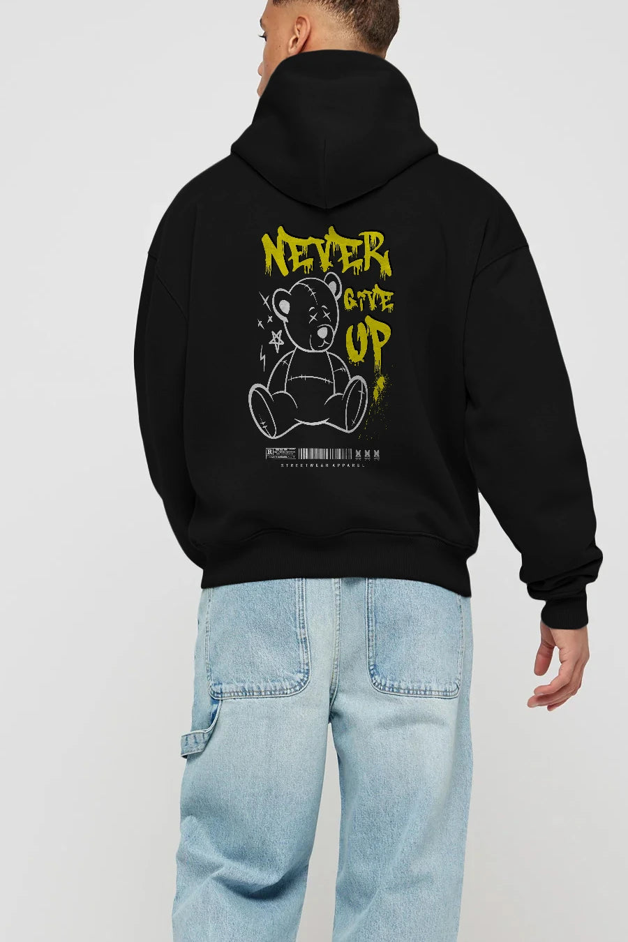 Teddy Bear Never Give Up Arka Baskılı Hoodie Oversize Kapüşonlu Sweatshirt Erkek Kadın Unisex