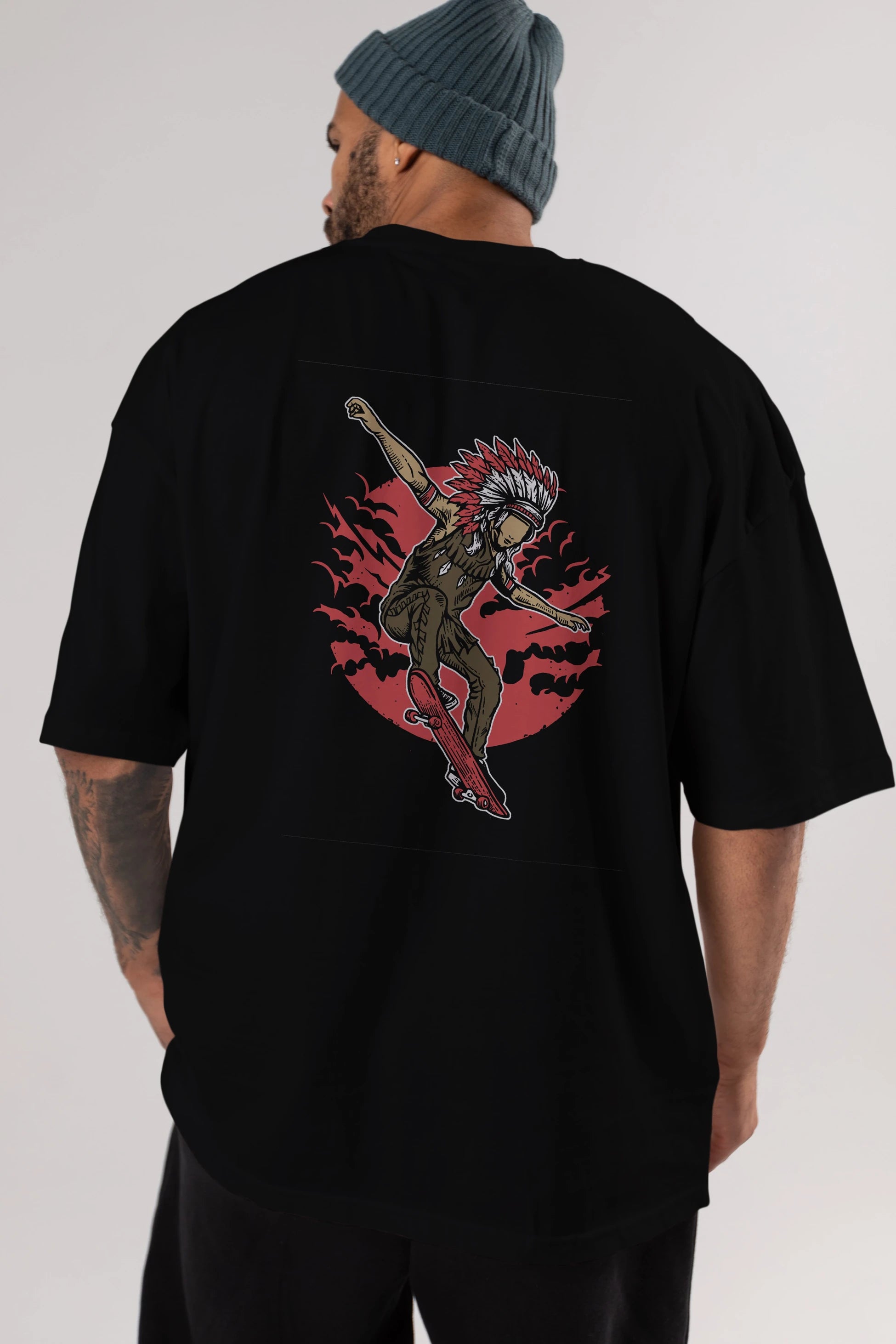 Indian Chief Skateboard Arka Baskılı Oversize t-shirt Erkek Kadın Unisex %100 Pamuk