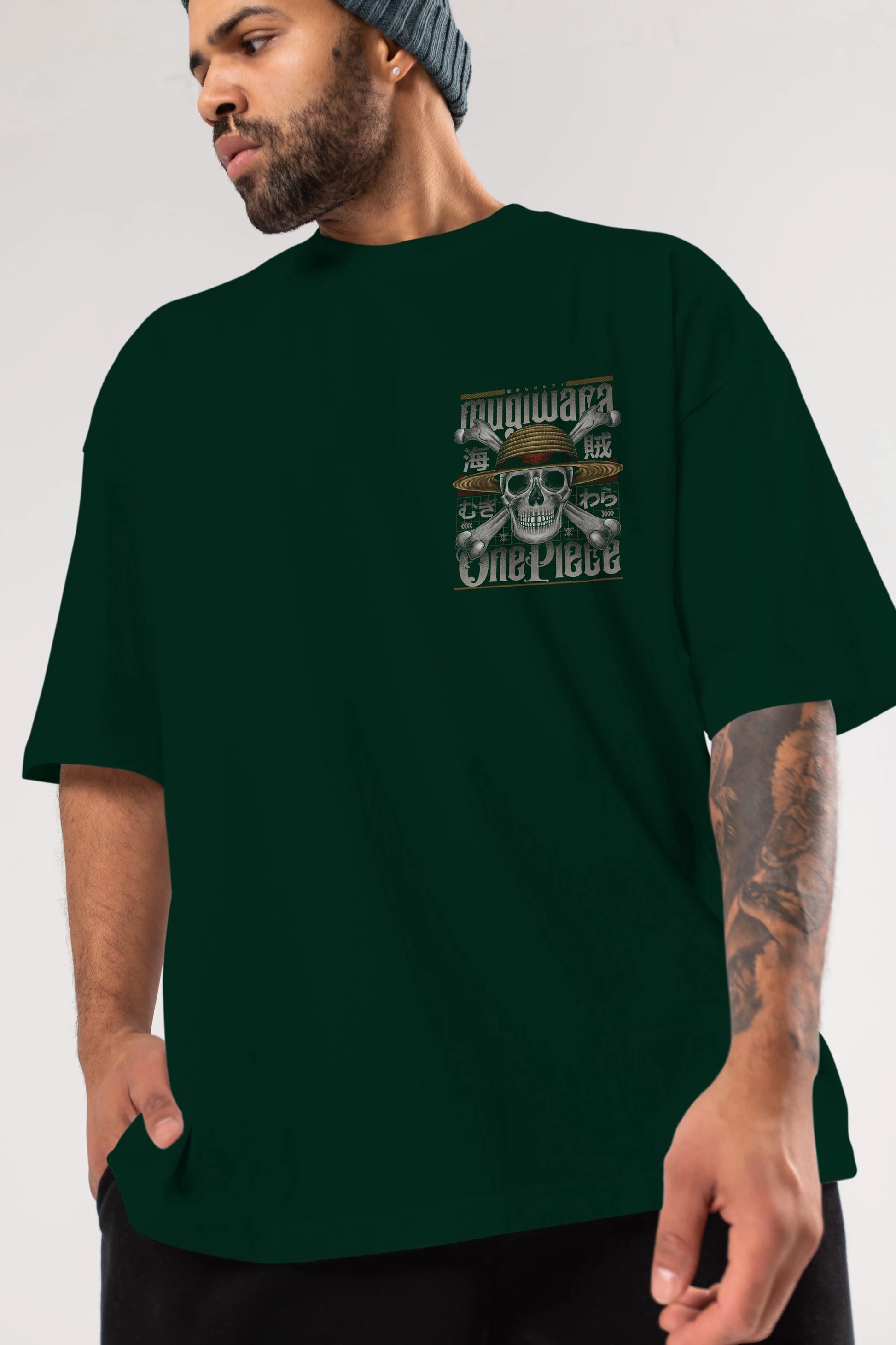 ONE PIECE (2) Ön Sol Baskılı Oversize t-shirt Erkek Kadın Unisex %100 Pamuk Bisiklet Yaka tişort