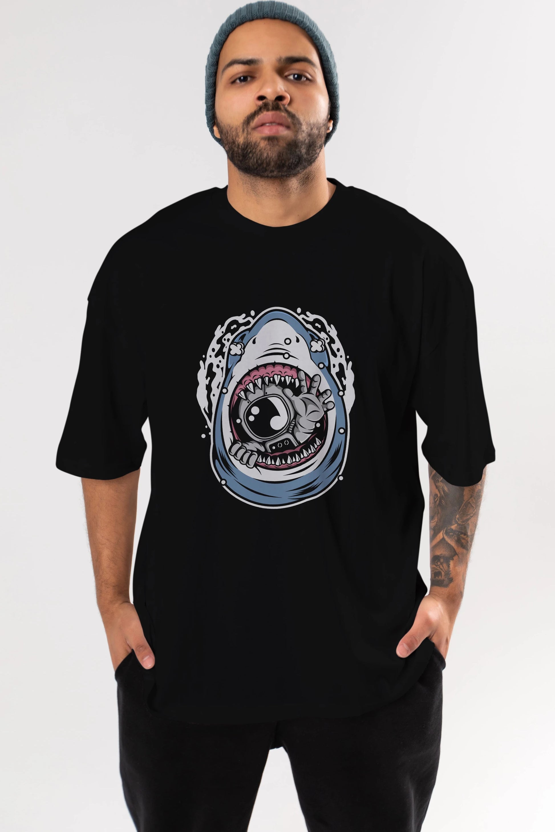 Astronaut Shark Ön Baskılı Oversize t-shirt Erkek Kadın Unisex