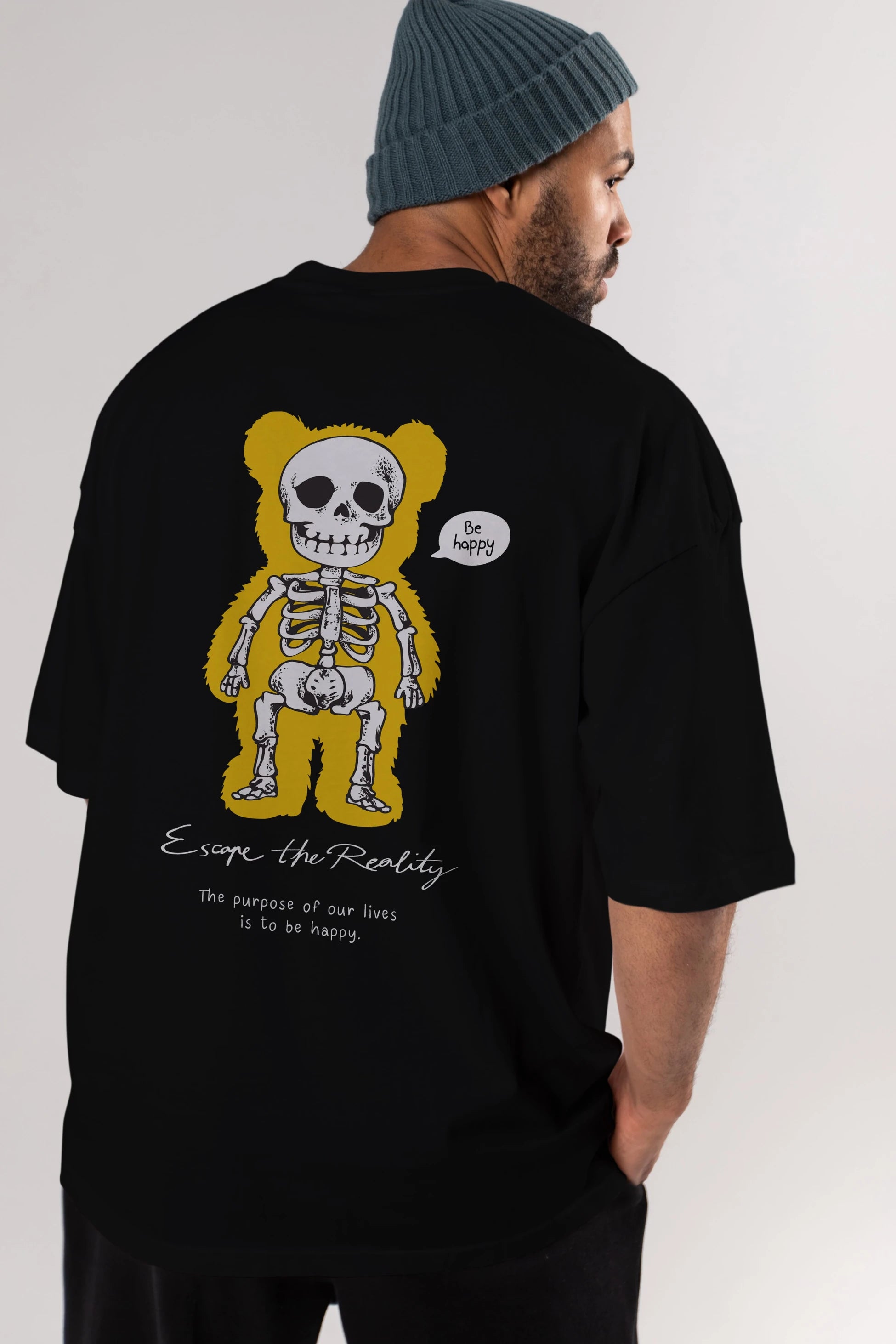Be Happy Bear Arka Baskılı Oversize t-shirt Erkek Kadın Unisex