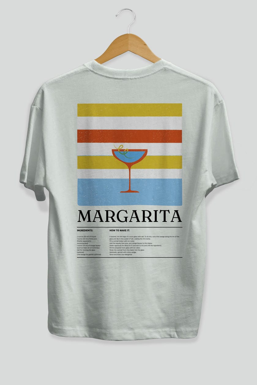 Margarita Kokteyl Serisi Arka Baskılı Oversize t-shirt Erkek Kadın %100 Pamuk Bisiklet Yaka tişort