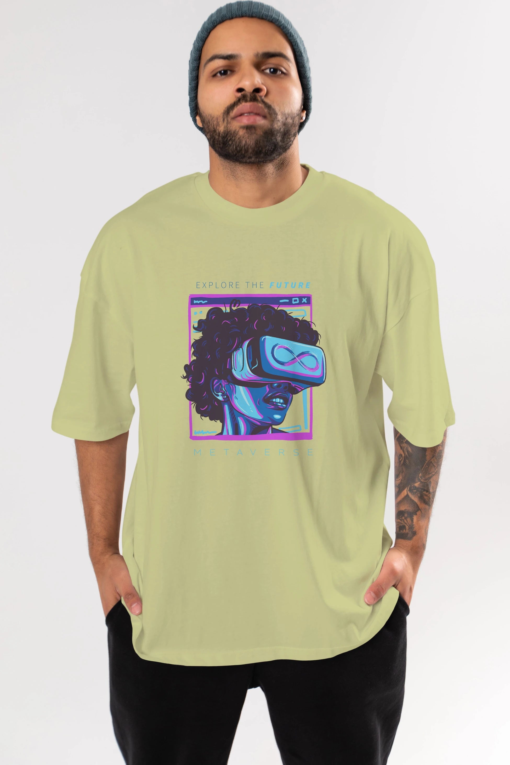 Metaverse Ön Baskılı Oversize t-shirt Erkek Kadın Unisex