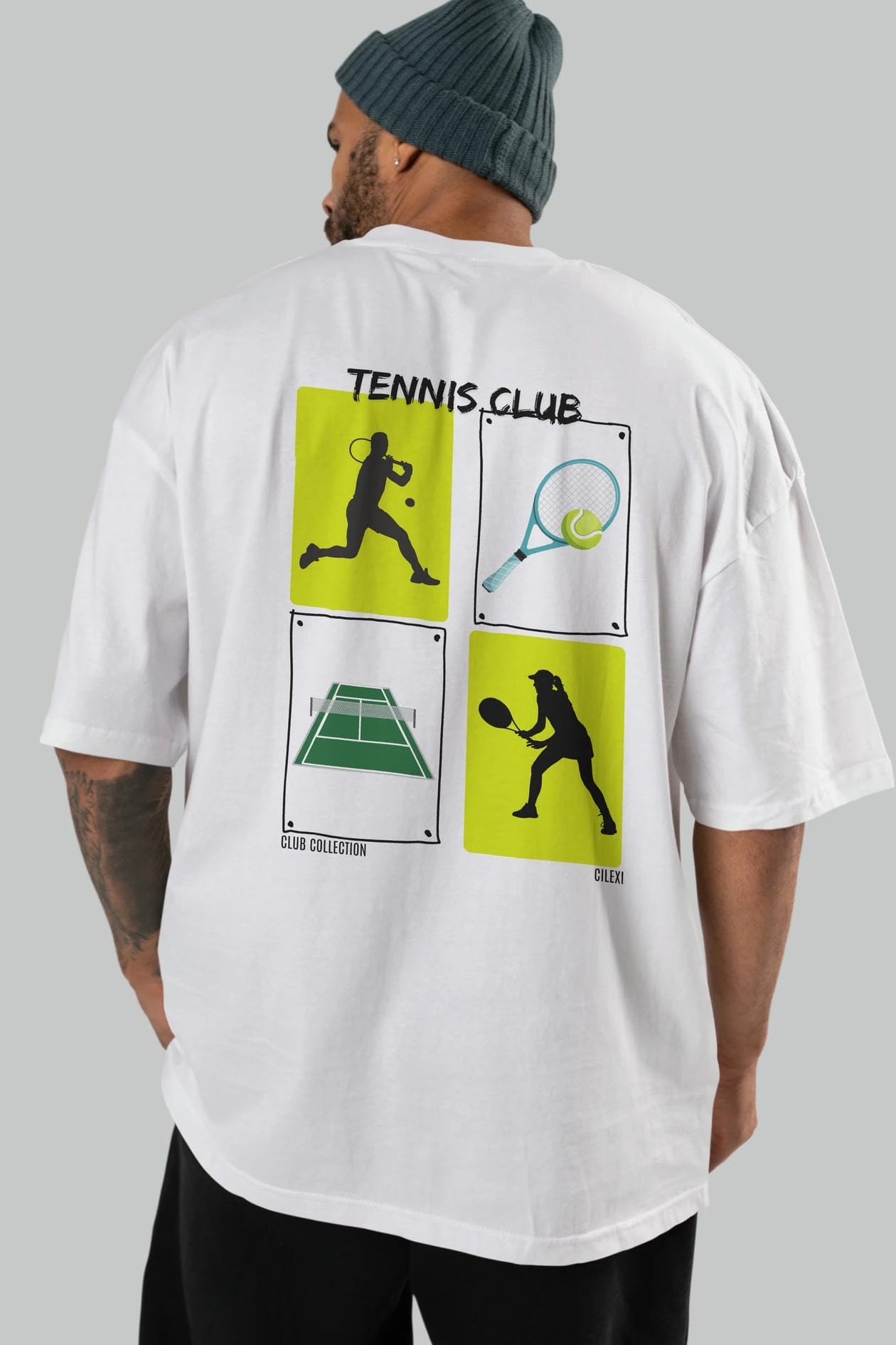Tennis Club Arka Baskılı Oversize t-shirt Erkek Kadın %100 Pamuk Bisiklet Yaka tişort