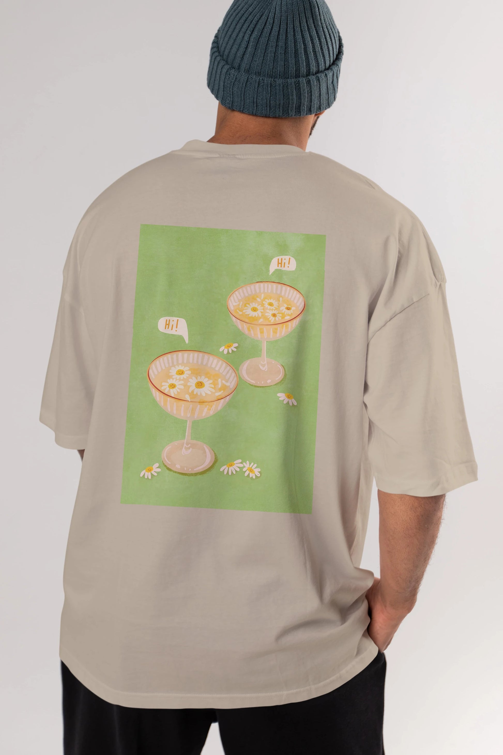 Hi Cheers Arka Baskılı Oversize t-shirt Erkek Kadın Unisex %100 Pamuk Bisiklet Yaka tişort