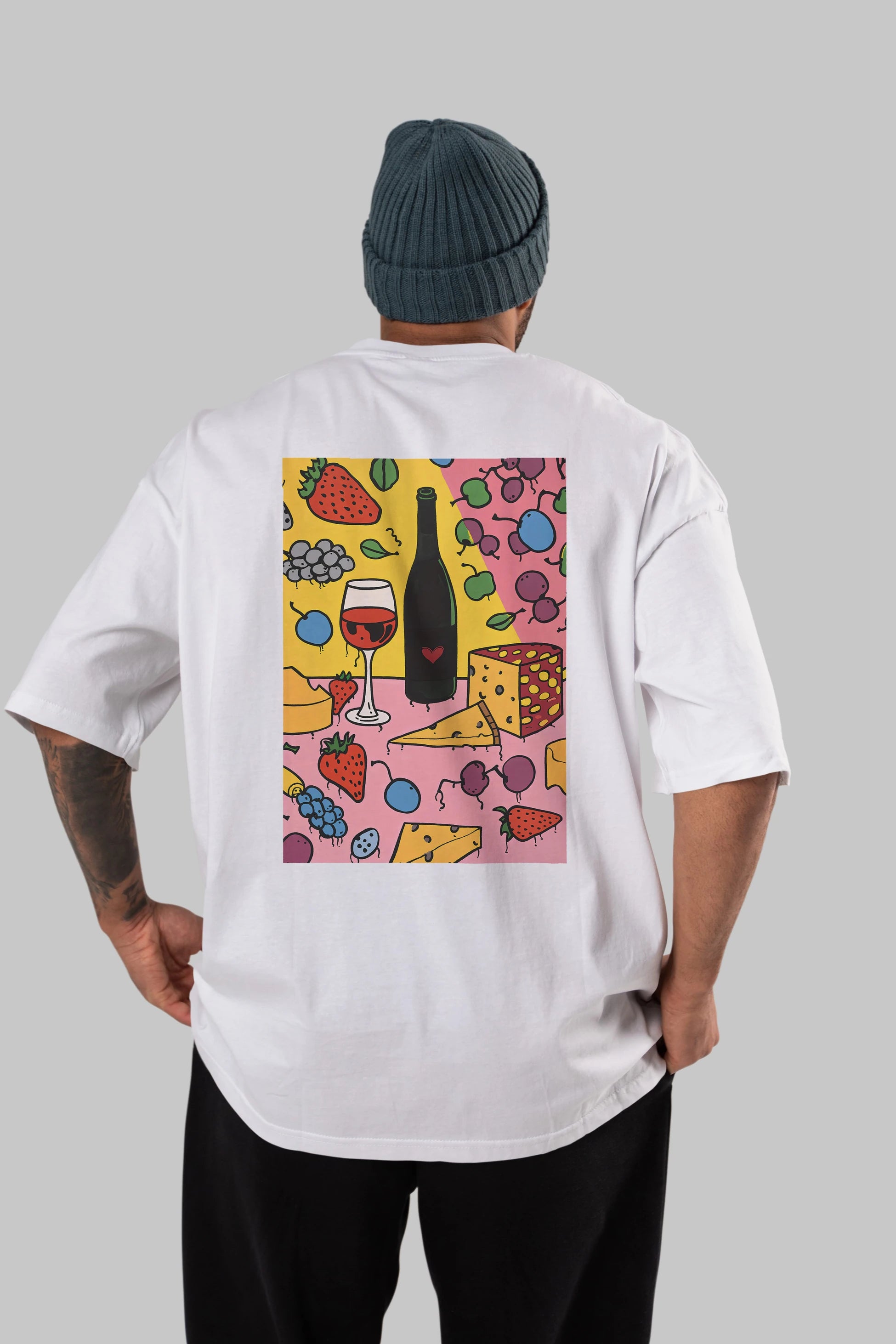 Wine Cheese Fruits Arka Baskılı Oversize t-shirt Erkek Kadın Unisex %100 Pamuk Bisiklet Yaka tişort
