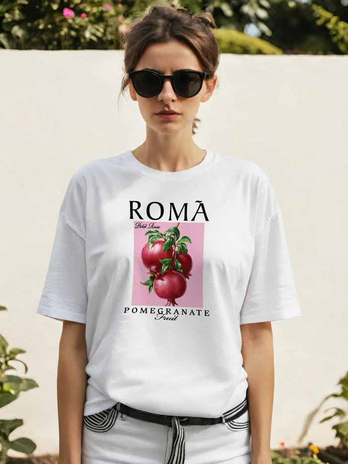 Roma Pomegranate Nar Ön Baskılı Oversize t-shirt Erkek Kadın Pamuk Bisiklet Yaka tişort