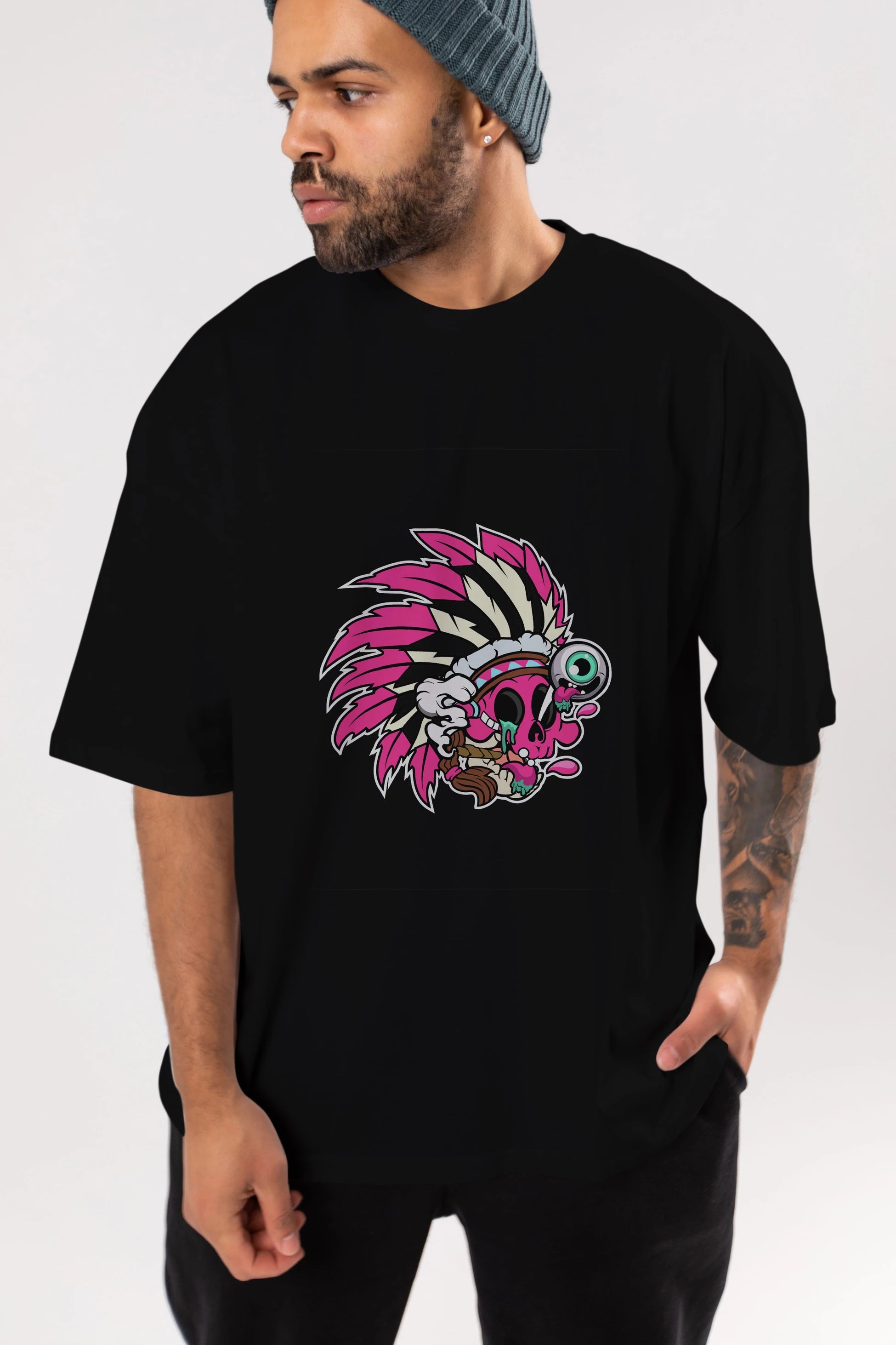 Skull Indian Ön Baskılı Oversize t-shirt Erkek Kadın Unisex %100 Pamuk tişort