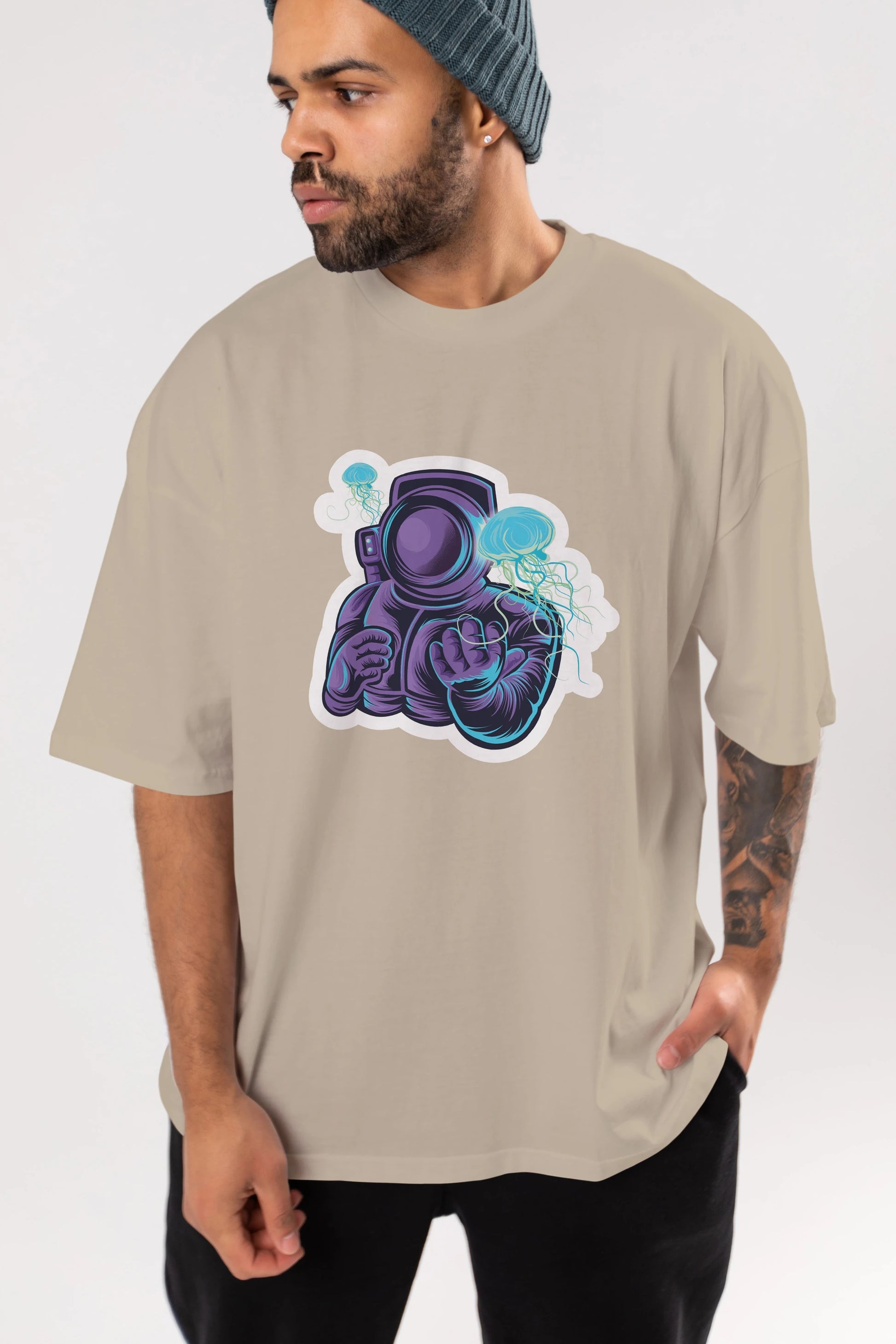 Astronaut and Jellyfish Sticker Ön Baskılı Oversize t-shirt Erkek Kadın Unisex