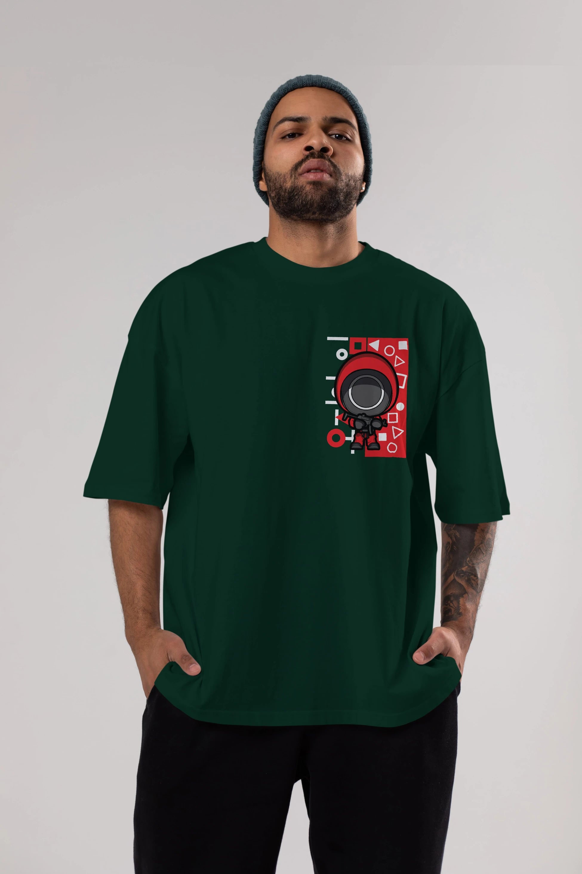 Squid Game (4) Ön Sol Baskılı Oversize t-shirt Erkek Kadın Unisex %100 Pamuk Bisiklet Yaka tişort