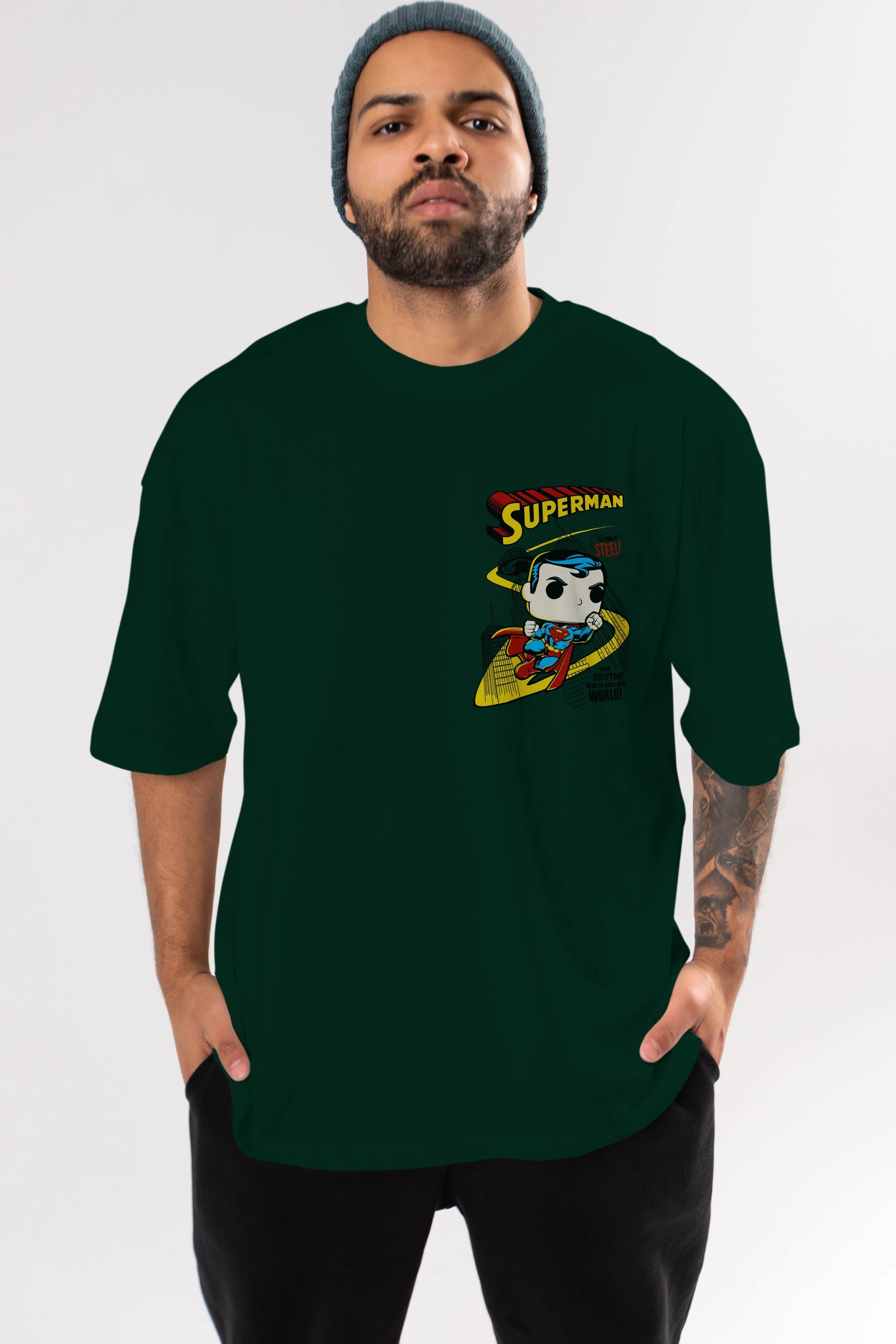 Superman (2) Ön Sol Baskılı Oversize t-shirt Erkek Kadın Unisex %100 Pamuk Bisiklet Yaka tişort