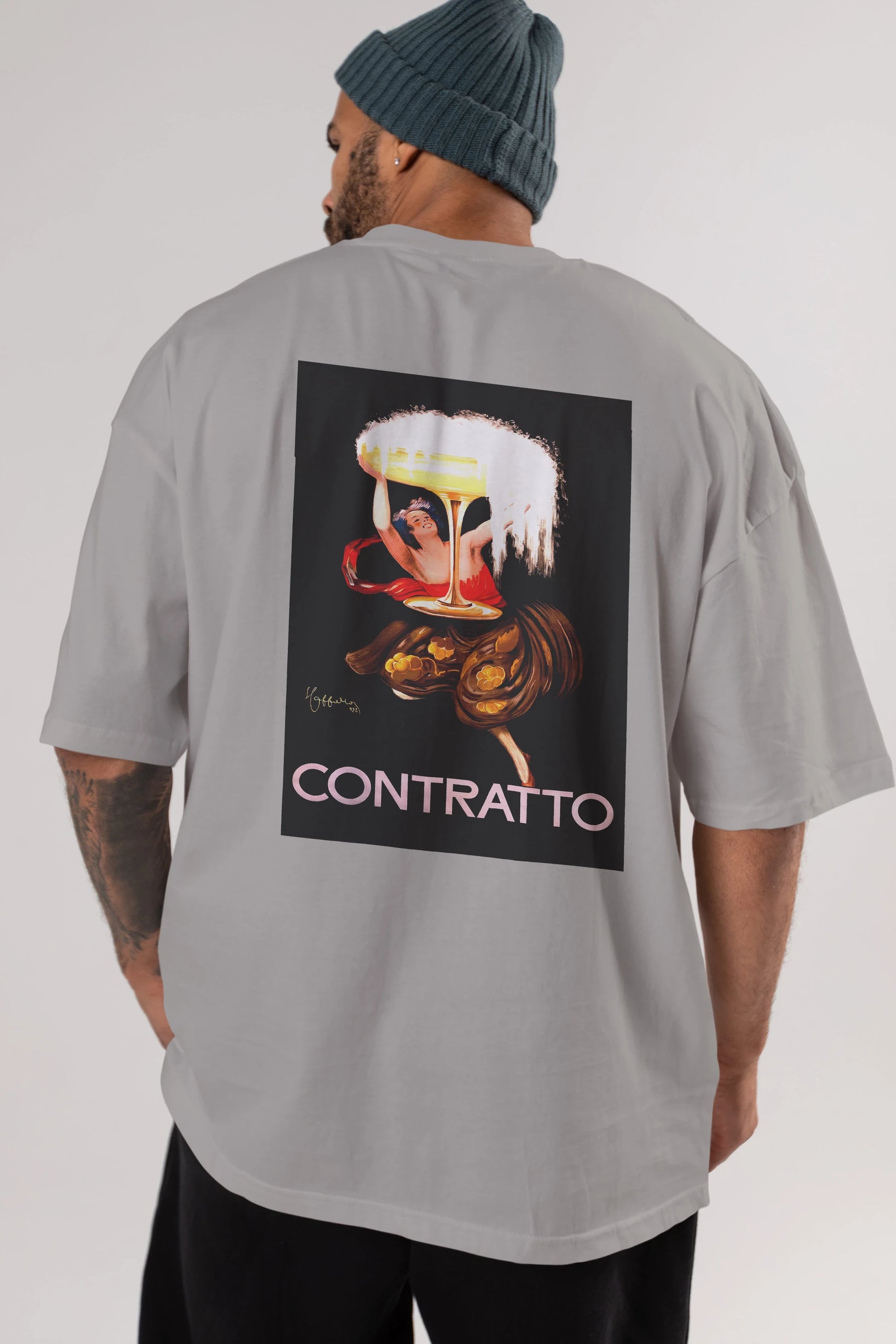 Contratto Arka Baskılı Oversize t-shirt Erkek Kadın Unisex %100 Pamuk Bisiklet Yaka tişort
