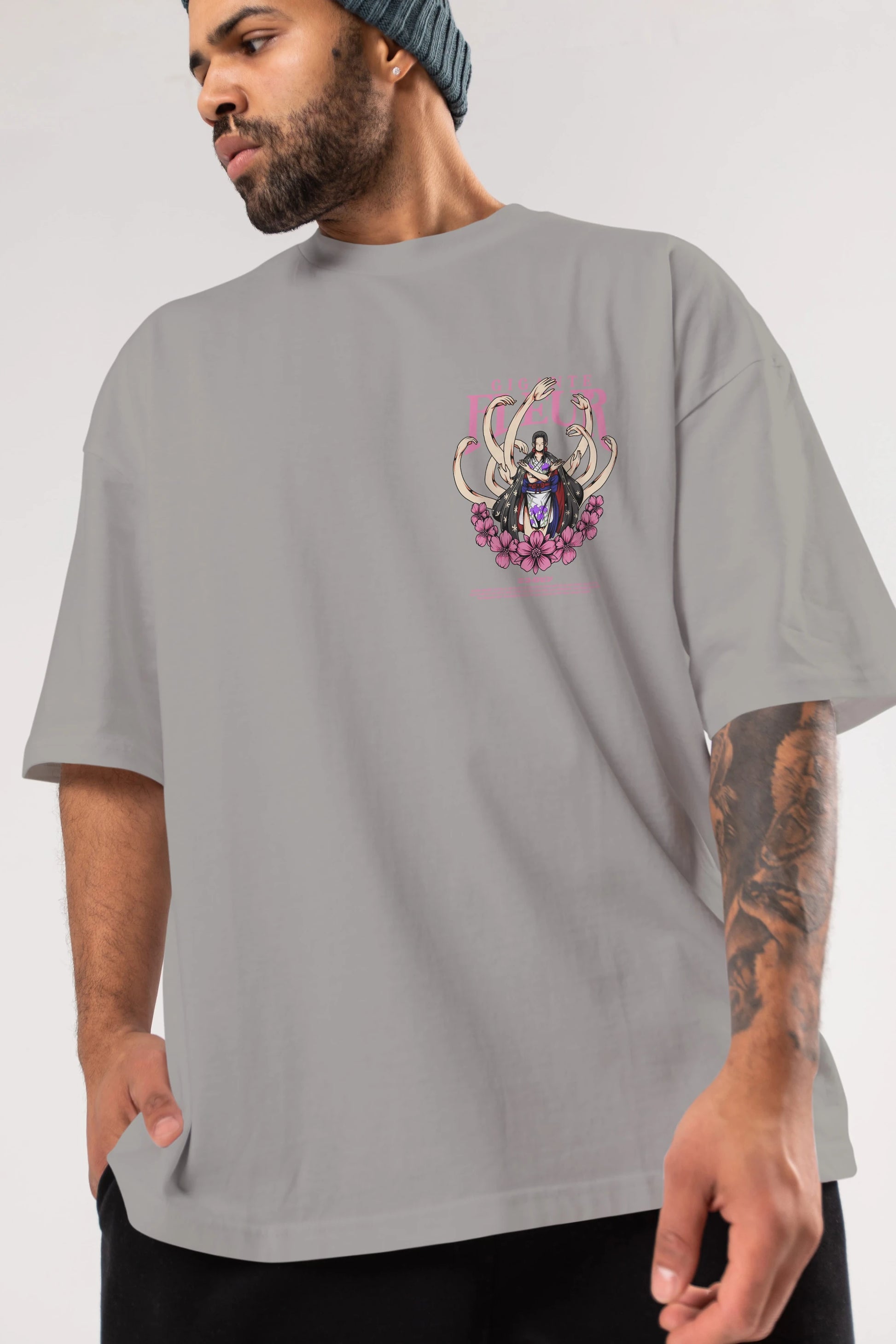 Gigante Fleur Ön Sol Baskılı Oversize t-shirt Erkek Kadın Unisex %100 Pamuk Bisiklet Yaka tişort
