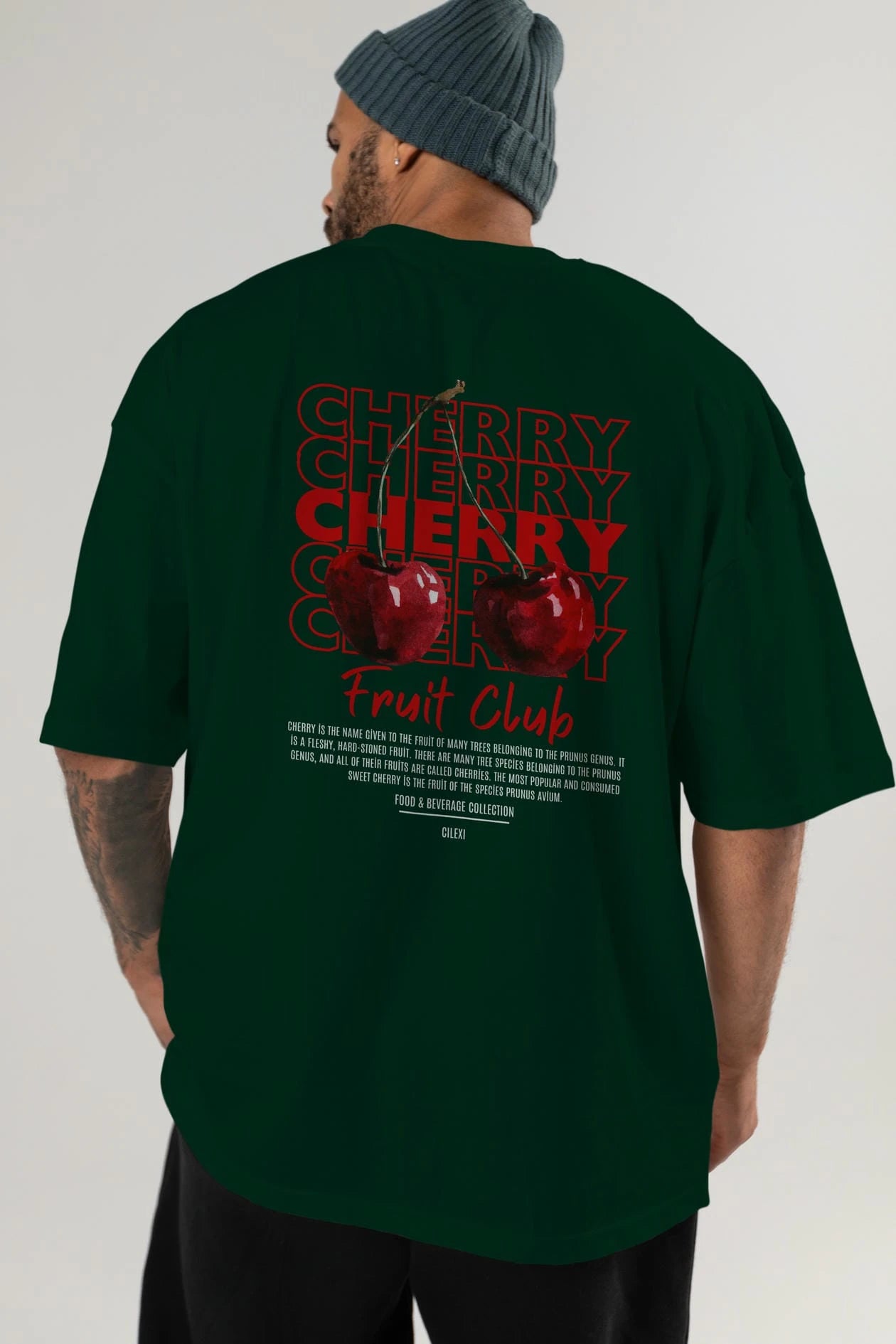 Cherry Arka Baskılı Oversize t-shirt Erkek Kadın Pamuk Bisiklet Yaka tişort