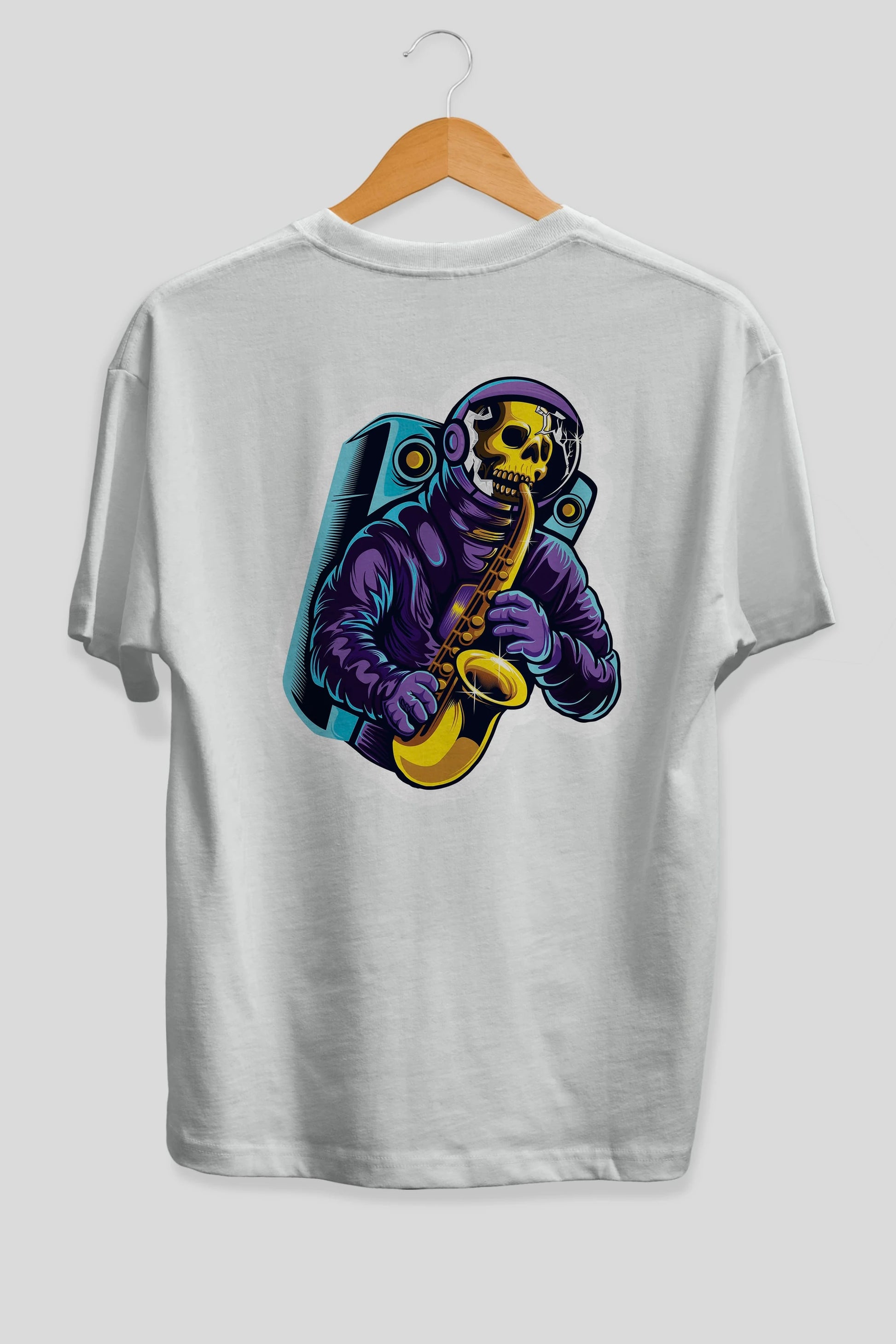 Astroskull Saxophonist Sticker Arka Baskılı Oversize t-shirt Erkek Kadın Unisex