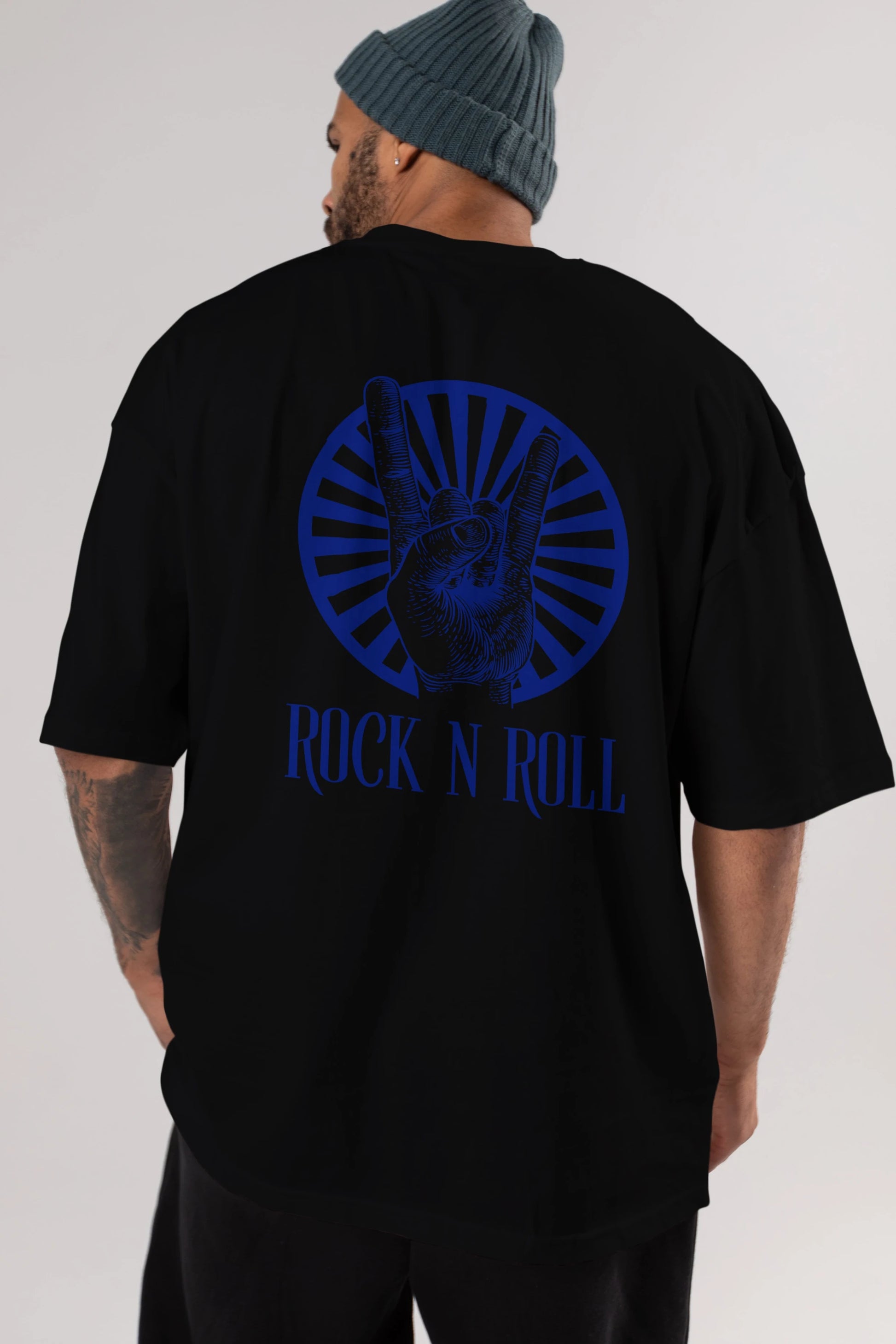 Rock N Roll Yazılı Arka Baskılı Oversize t-shirt Erkek Kadın Unisex