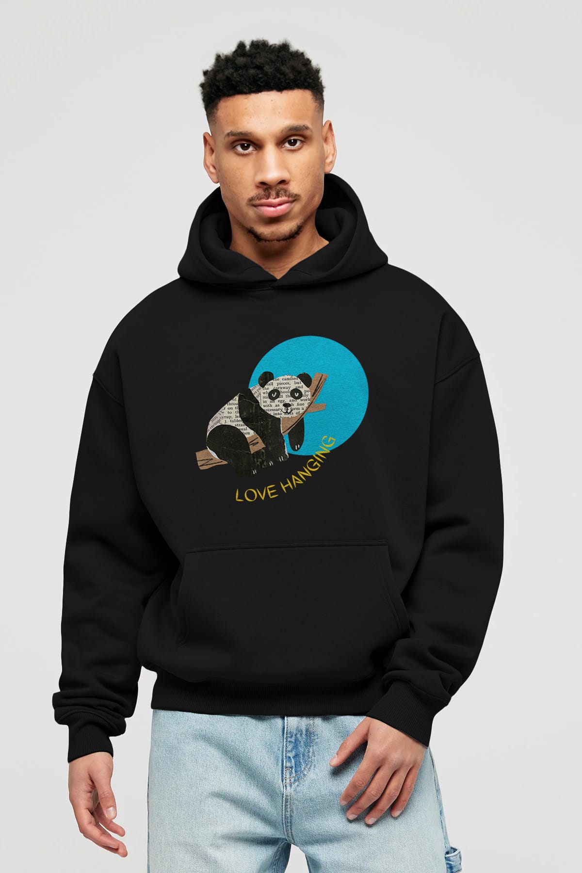 Panda Love Hanging Ön Baskılı Oversize Hoodie Kapüşonlu Sweatshirt Erkek Kadın Unisex