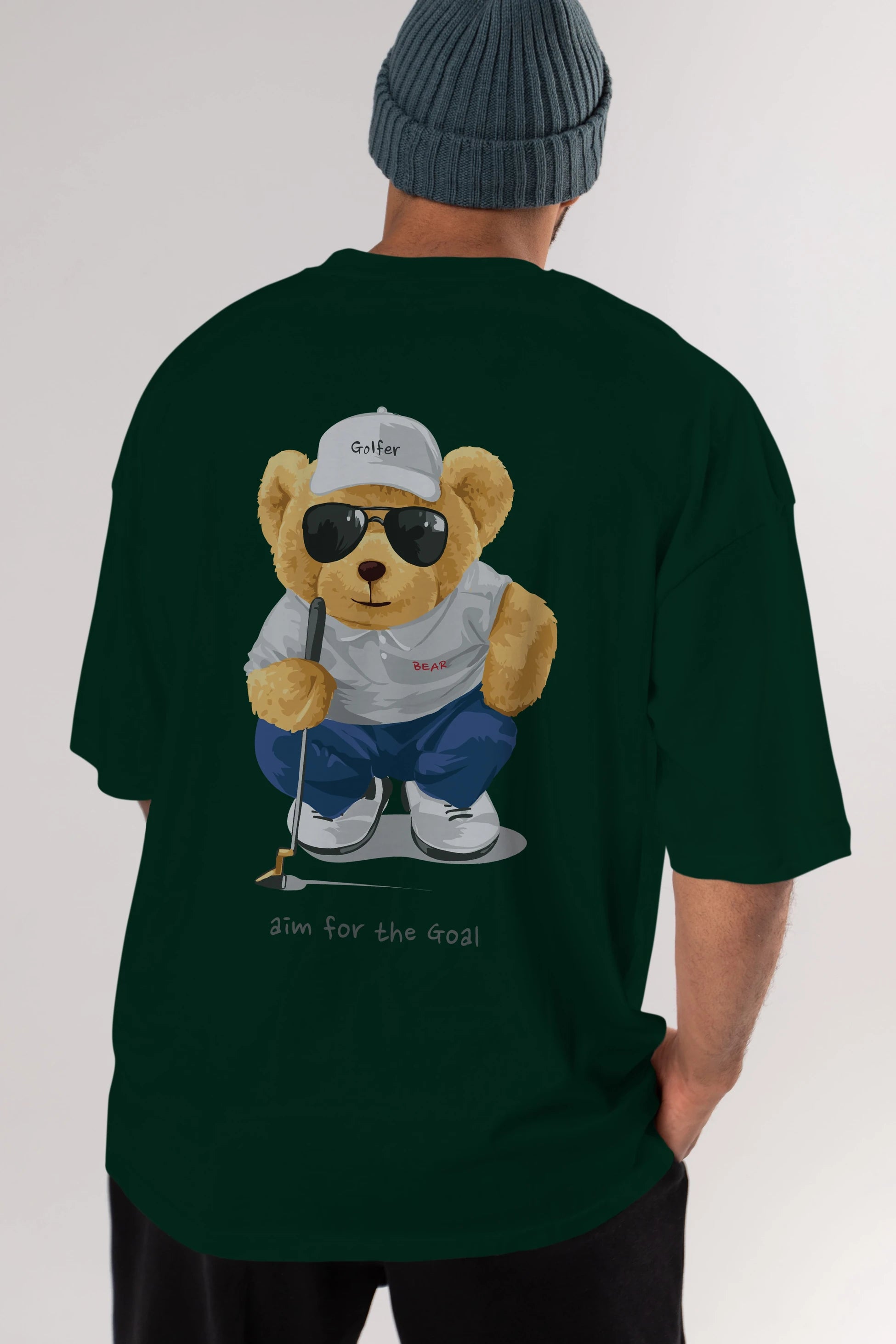 Teddy Bear Golfer Arka Baskılı Oversize t-shirt Erkek Kadın Unisex %100 Pamuk