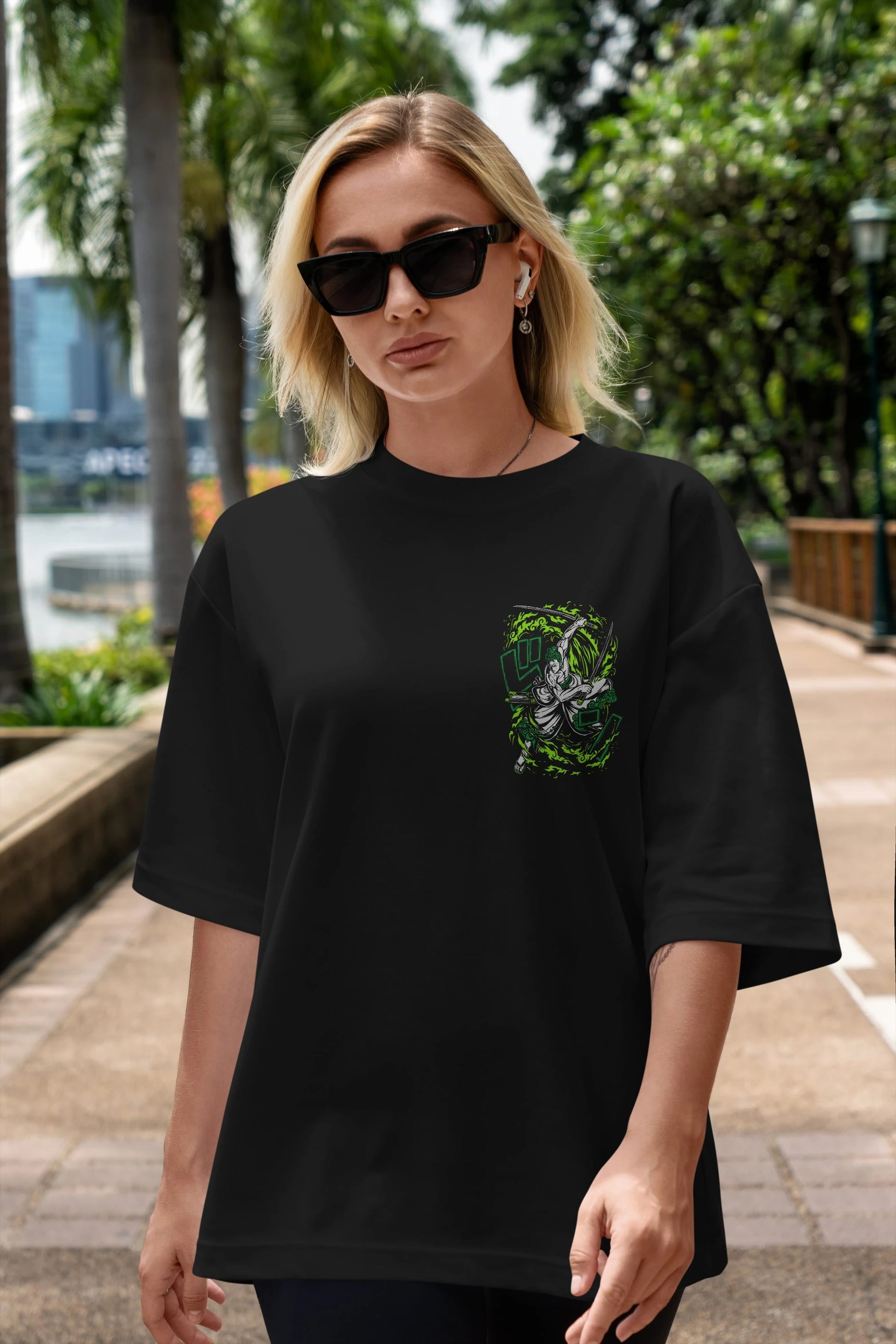 ZORO-ONE PIECE (2) Ön Sol Baskılı Oversize t-shirt Erkek Kadın Unisex %100 Pamuk Bisiklet Yaka tişort