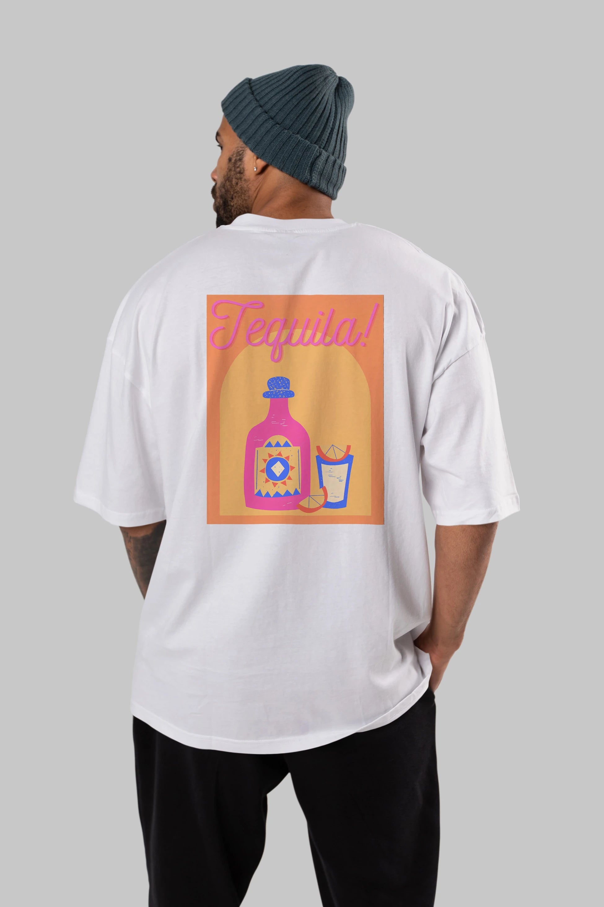 Tequila Arka Baskılı Oversize t-shirt Erkek Kadın Unisex %100 Pamuk Bisiklet Yaka tişort
