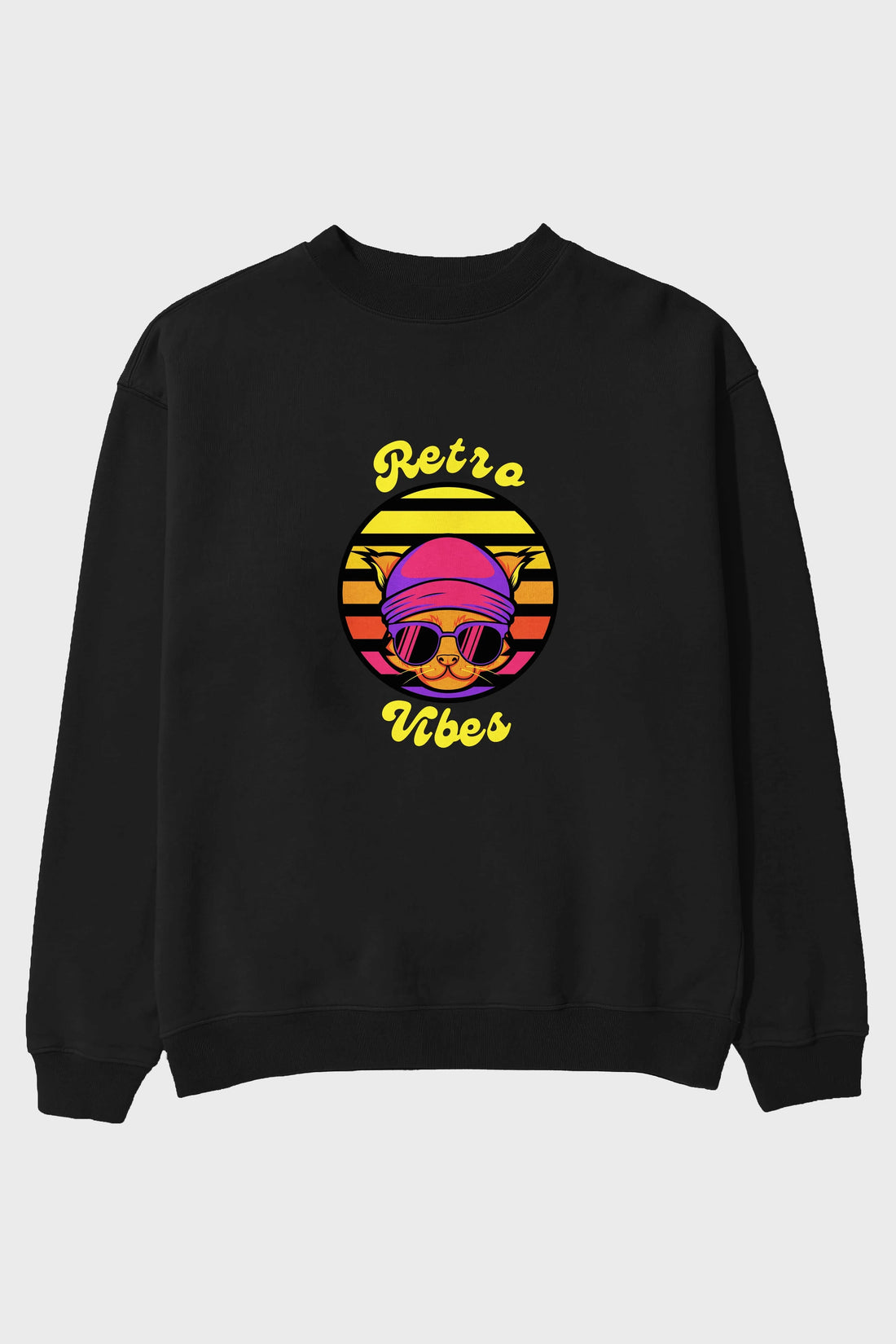 Cat Retro Vibes Ön Baskılı Oversize Sweatshirt Erkek Kadın Unisex