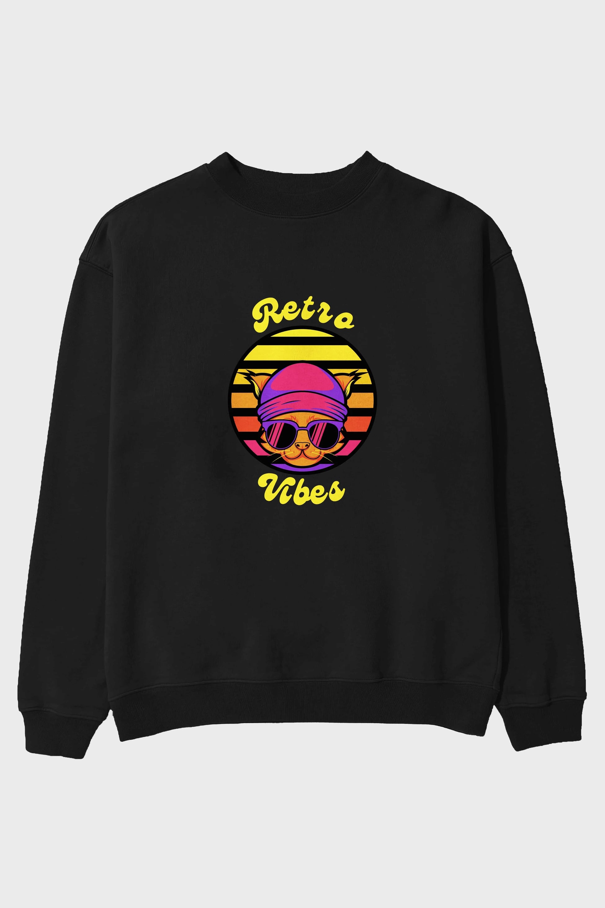 Cat Retro Vibes Ön Baskılı Oversize Sweatshirt Erkek Kadın Unisex