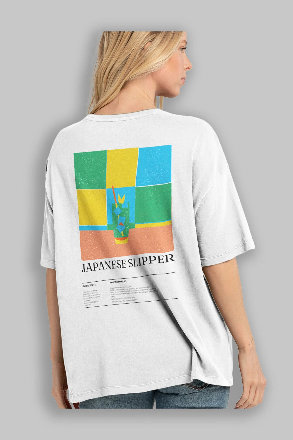 Japanese Slipper Kokteyl Serisi Arka Baskılı Oversize t-shirt Erkek Kadın %100 Pamuk Bisiklet Yaka tişort