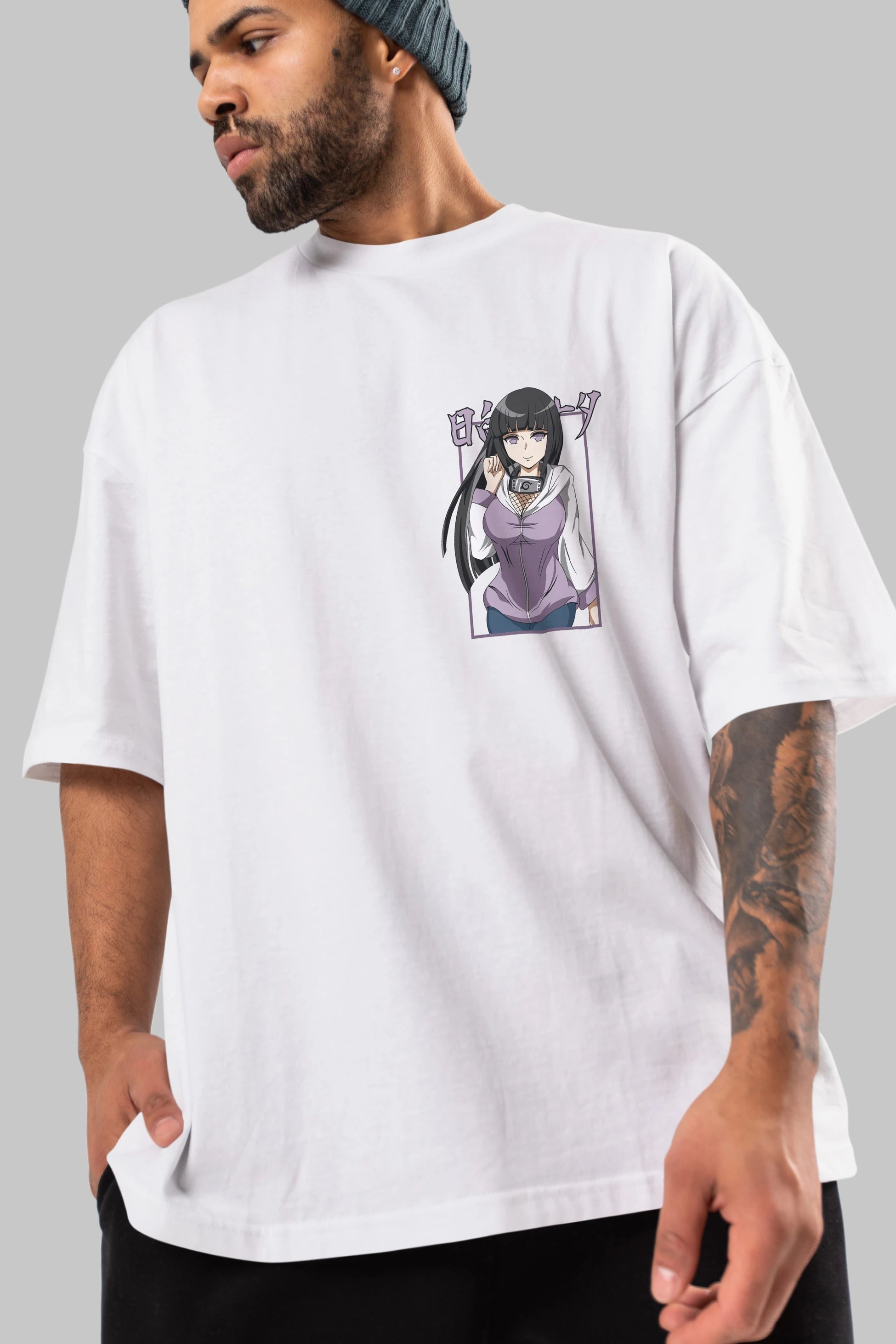 Hinata NARUTO Ön Sol Baskılı Oversize t-shirt Erkek Kadın Unisex %100 Pamuk Bisiklet Yaka tişort