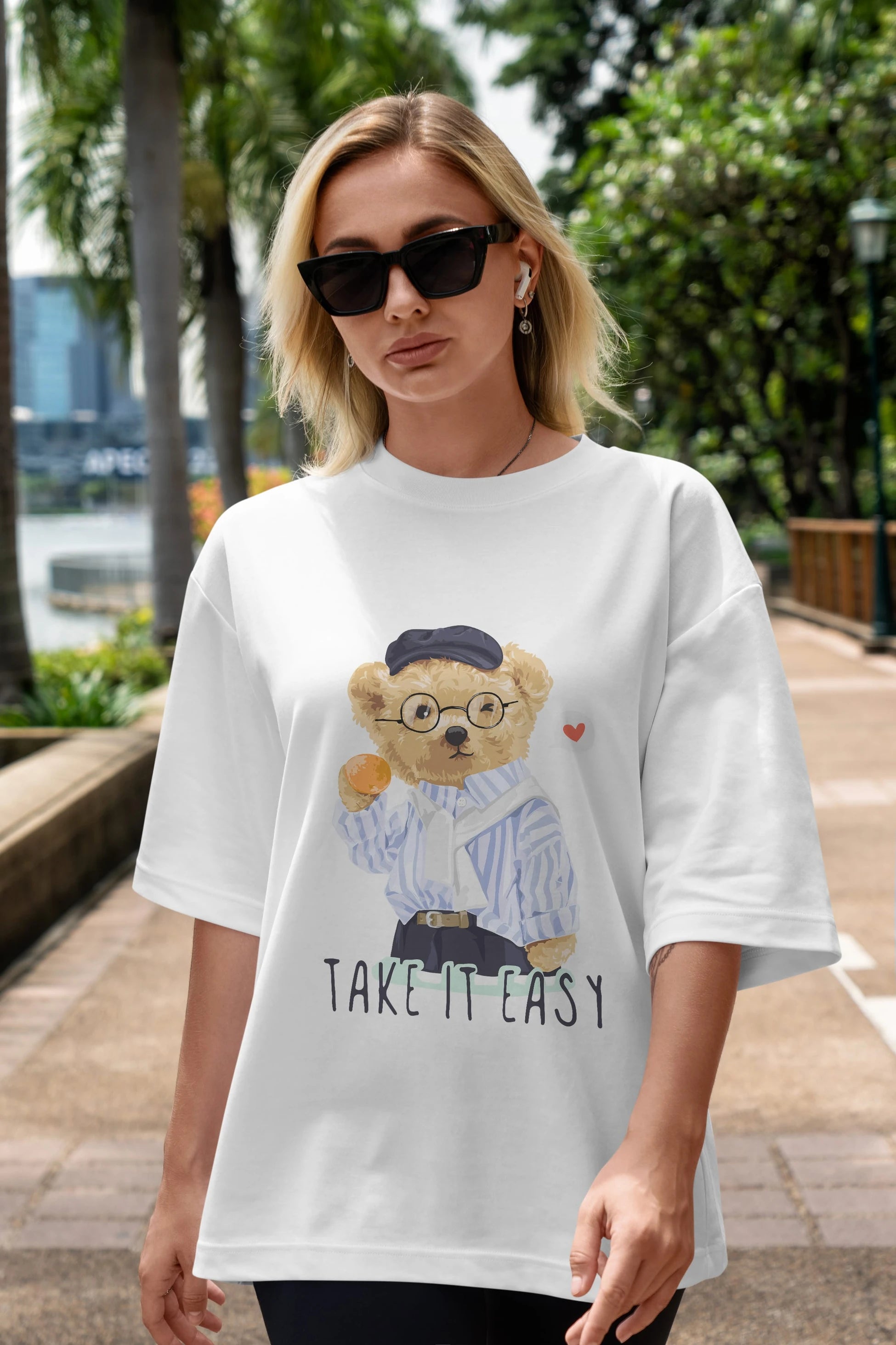 Teddy Bear Take it Easy Ön Baskılı Oversize t-shirt Erkek Kadın Unisex %100 Pamuk