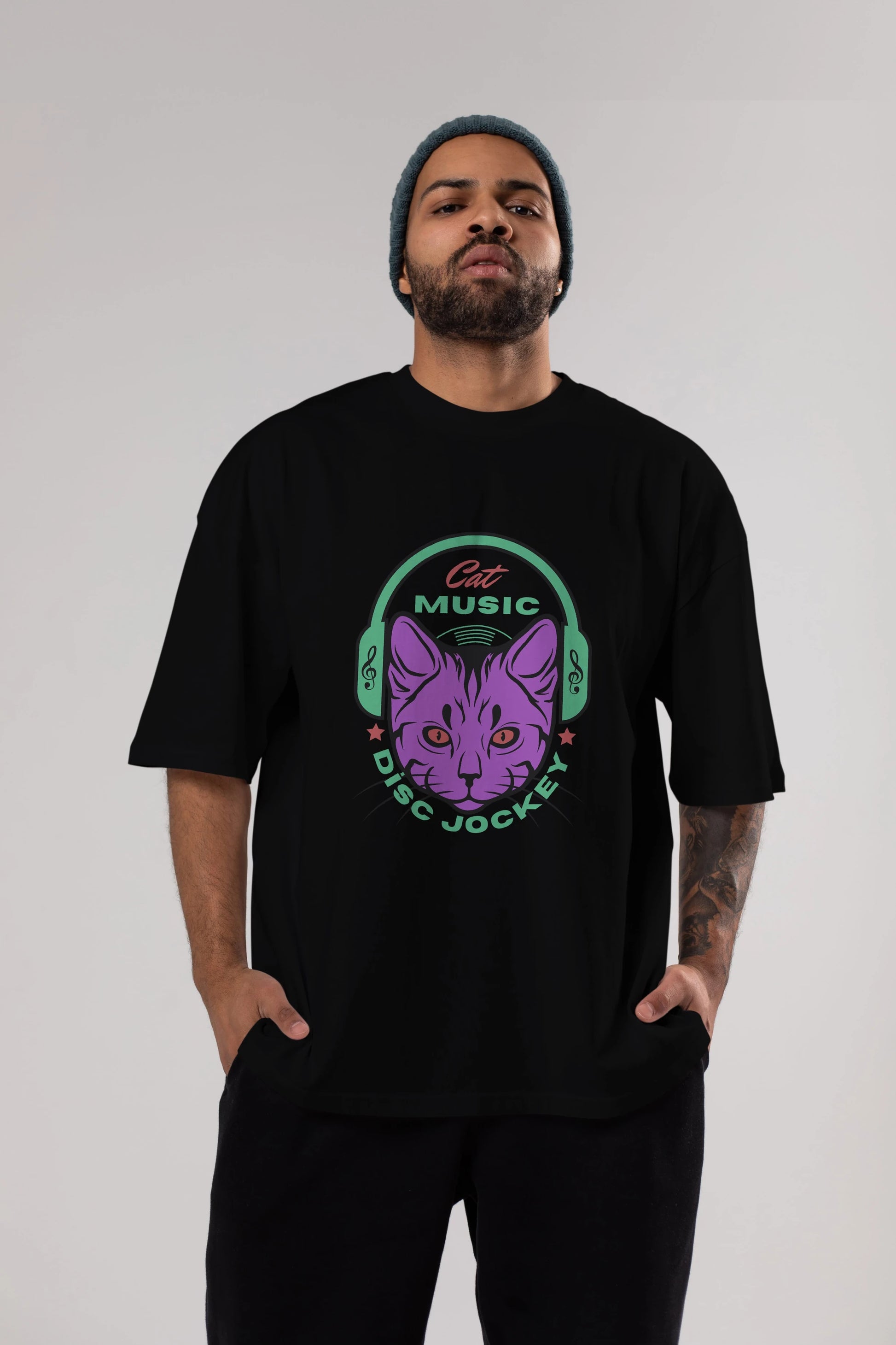 Cat Music Ön Baskılı Oversize t-shirt Erkek Kadın Unisex